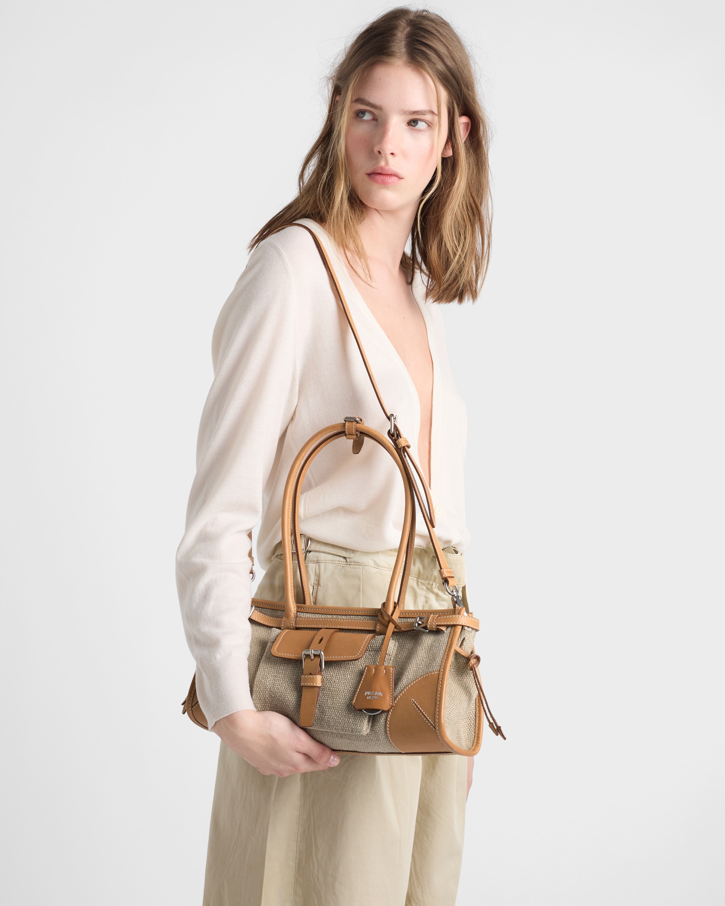 Rope/Natural Prada Bonnie medium linen and leather handbag | PRADA