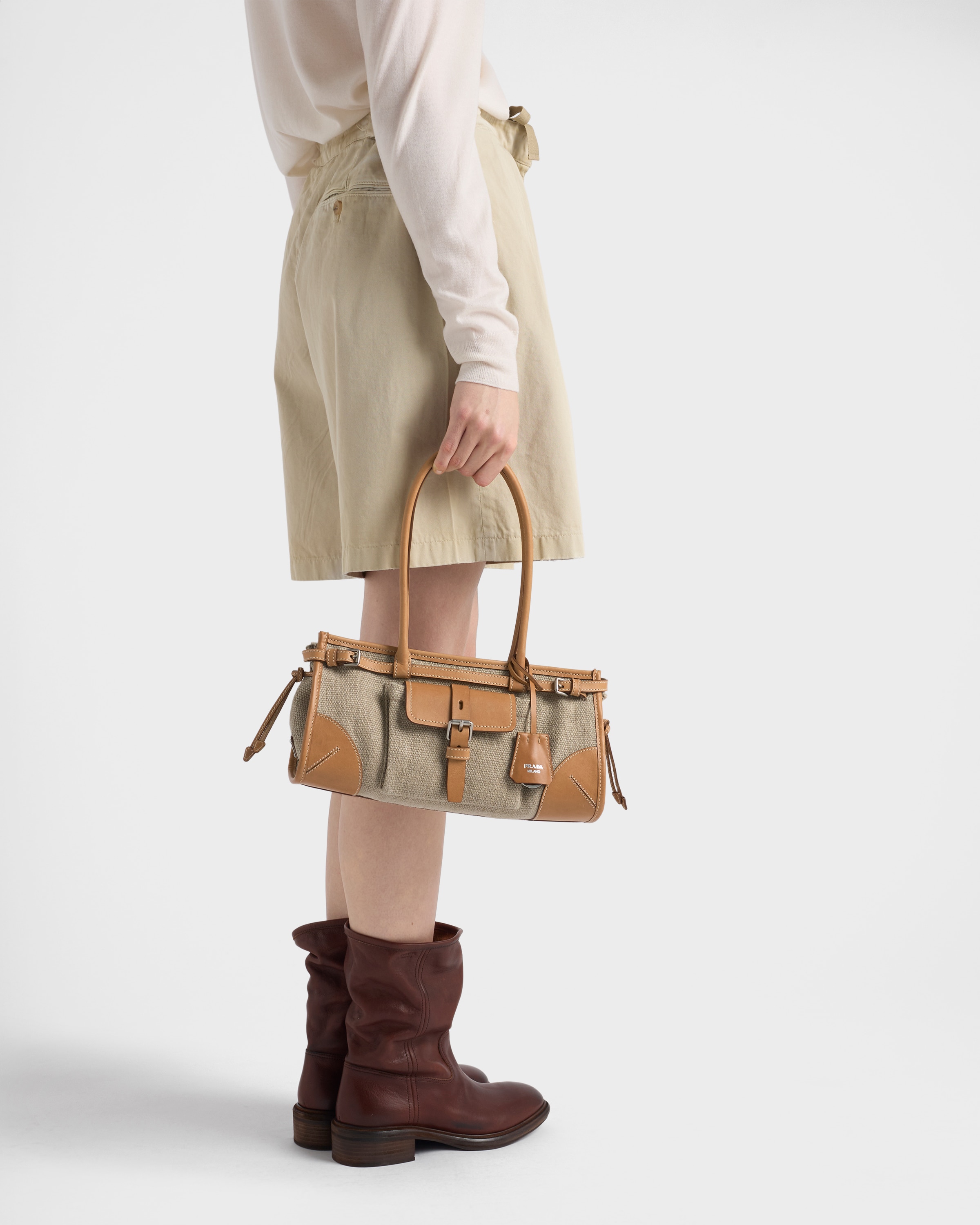 Rope/Natural Prada Bonnie medium linen and leather handbag | PRADA