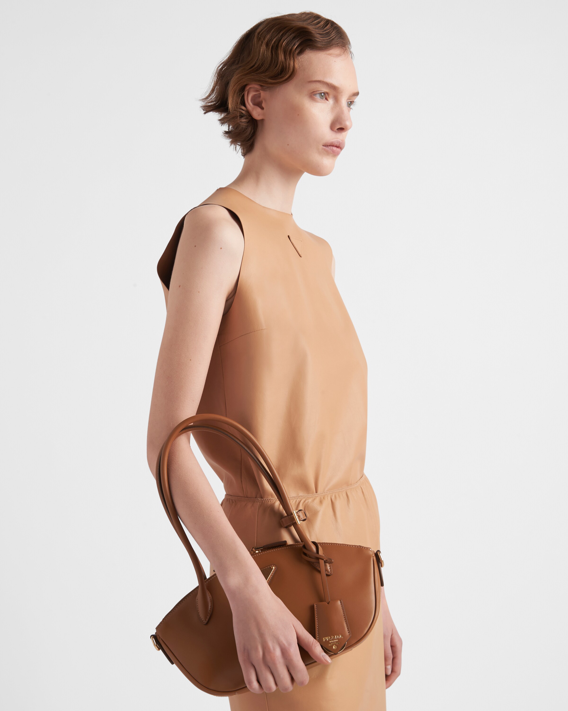 Shop Prada Small Leather Handbag In Caramel