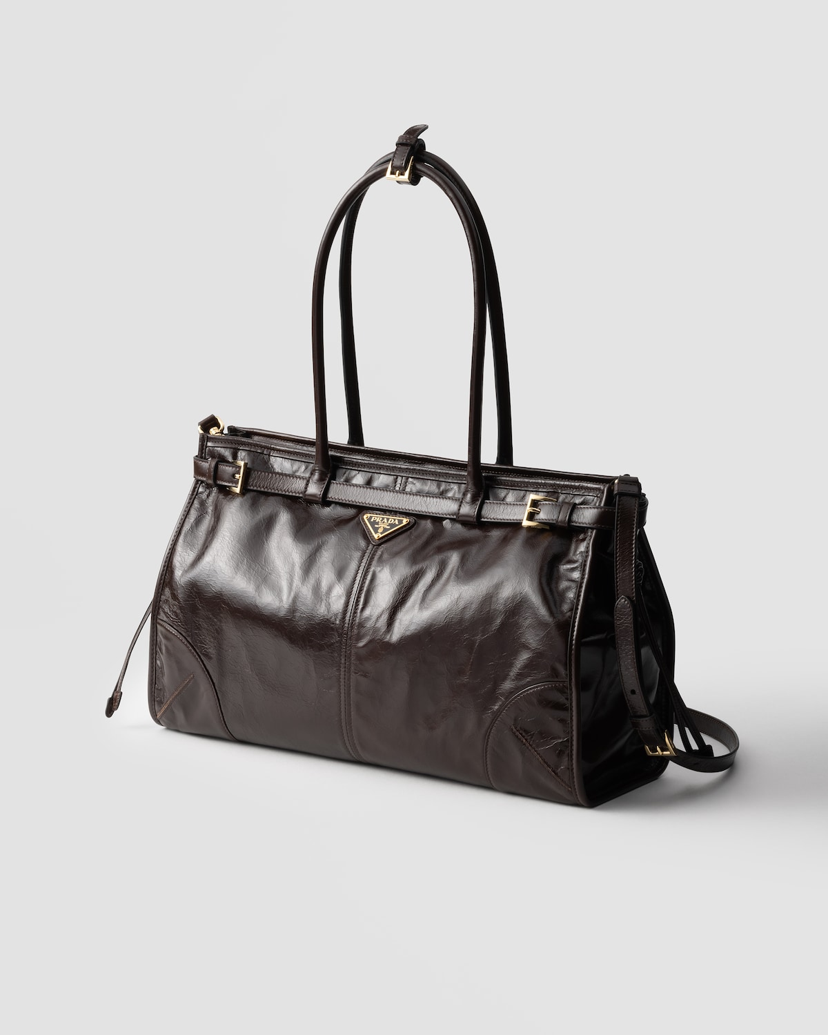 PRADA 25S BONNIE LARGE HANDBAG 38 IN BURGUNDY GLOSSY CALFSKIN GOLD HARDWARE