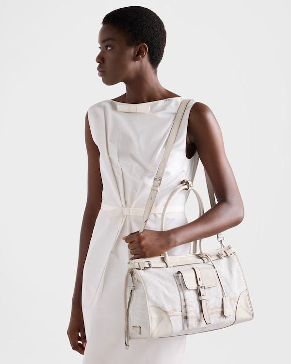 Prada Bonnie large printed linen and leather handbag - White Prada Bonnie large printed linen and leather handbag - White