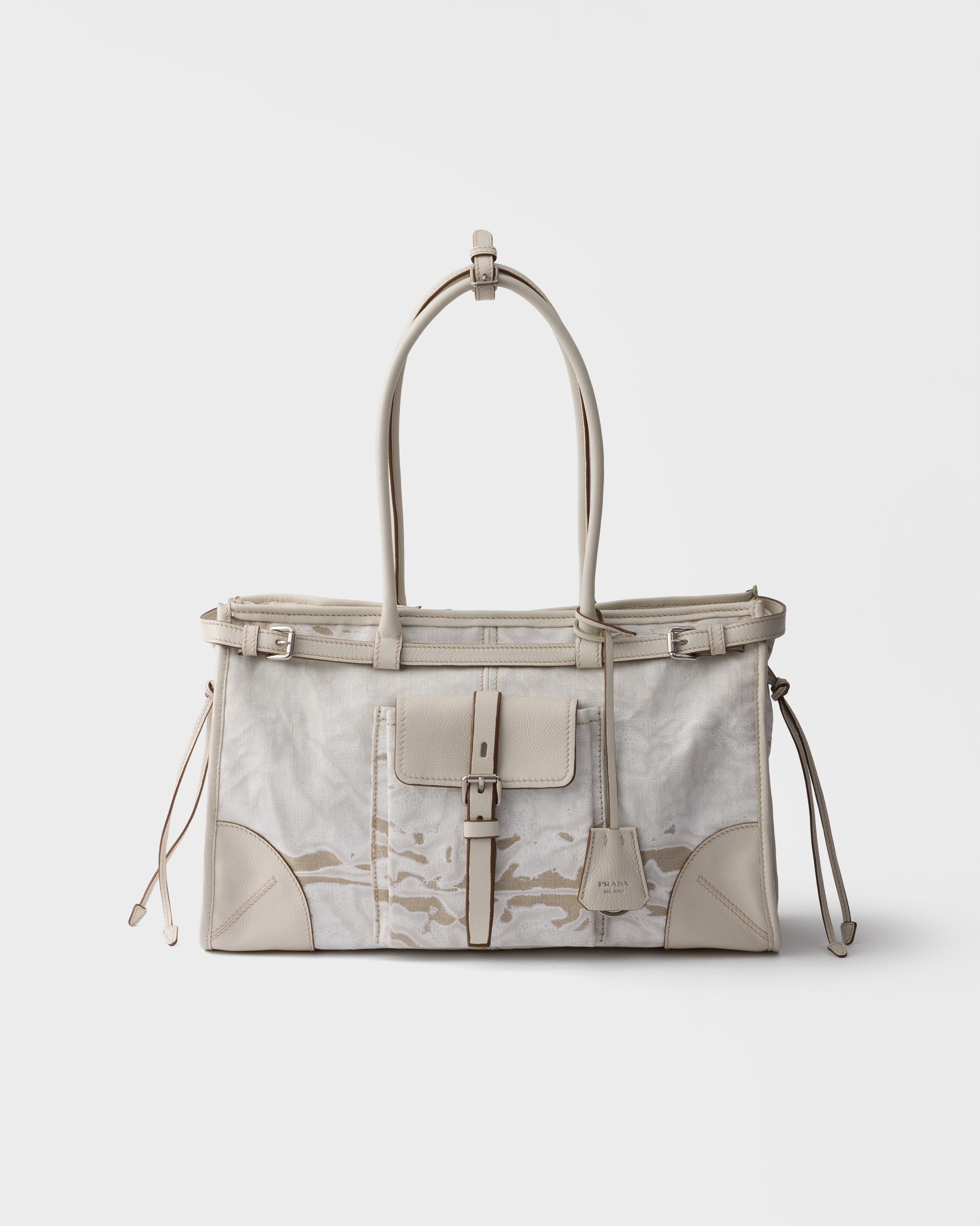 White Prada Bonnie large printed linen and leather handbag | PRADA