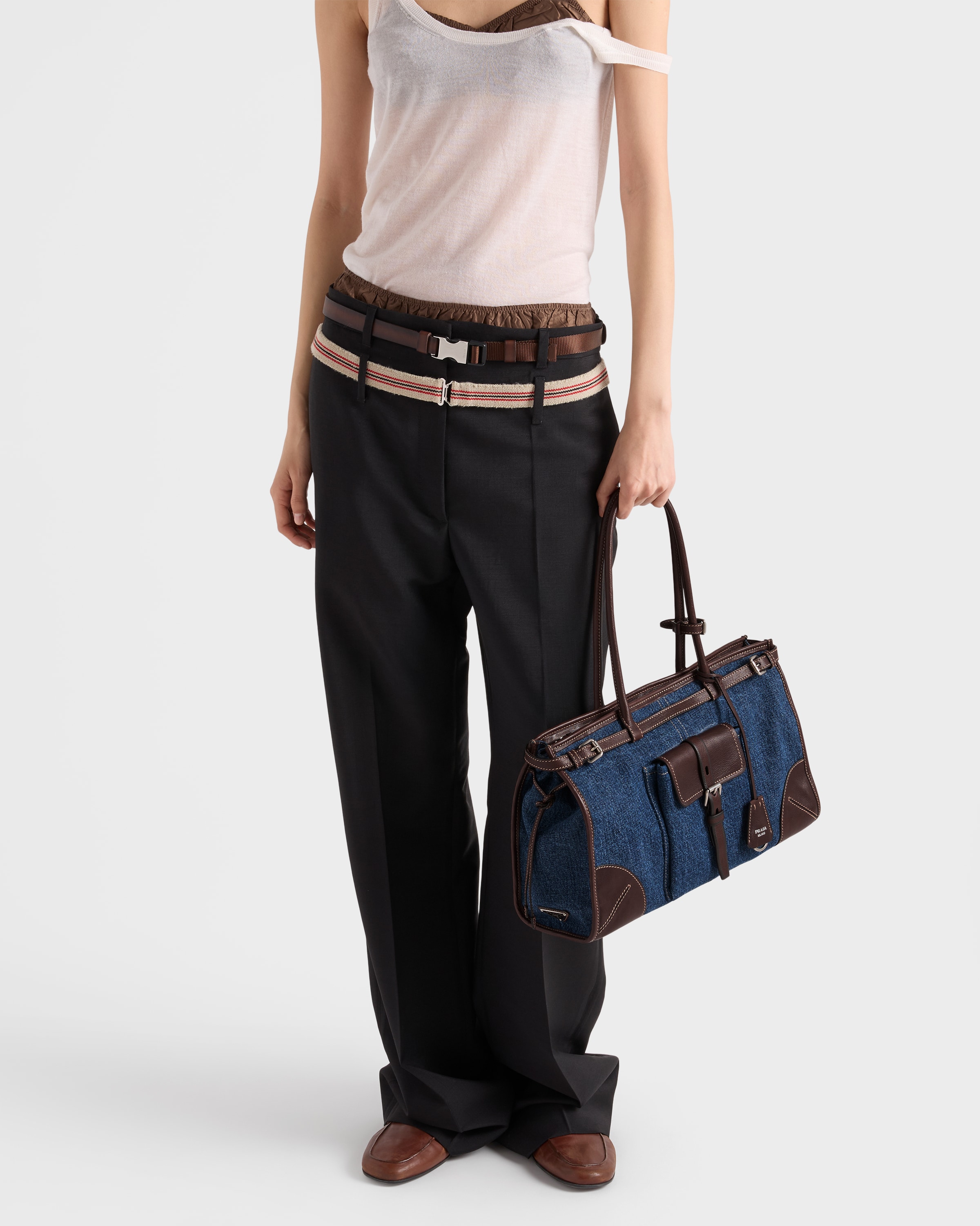 Blue/Coffee Prada Bonnie large denim and leather handbag | PRADA