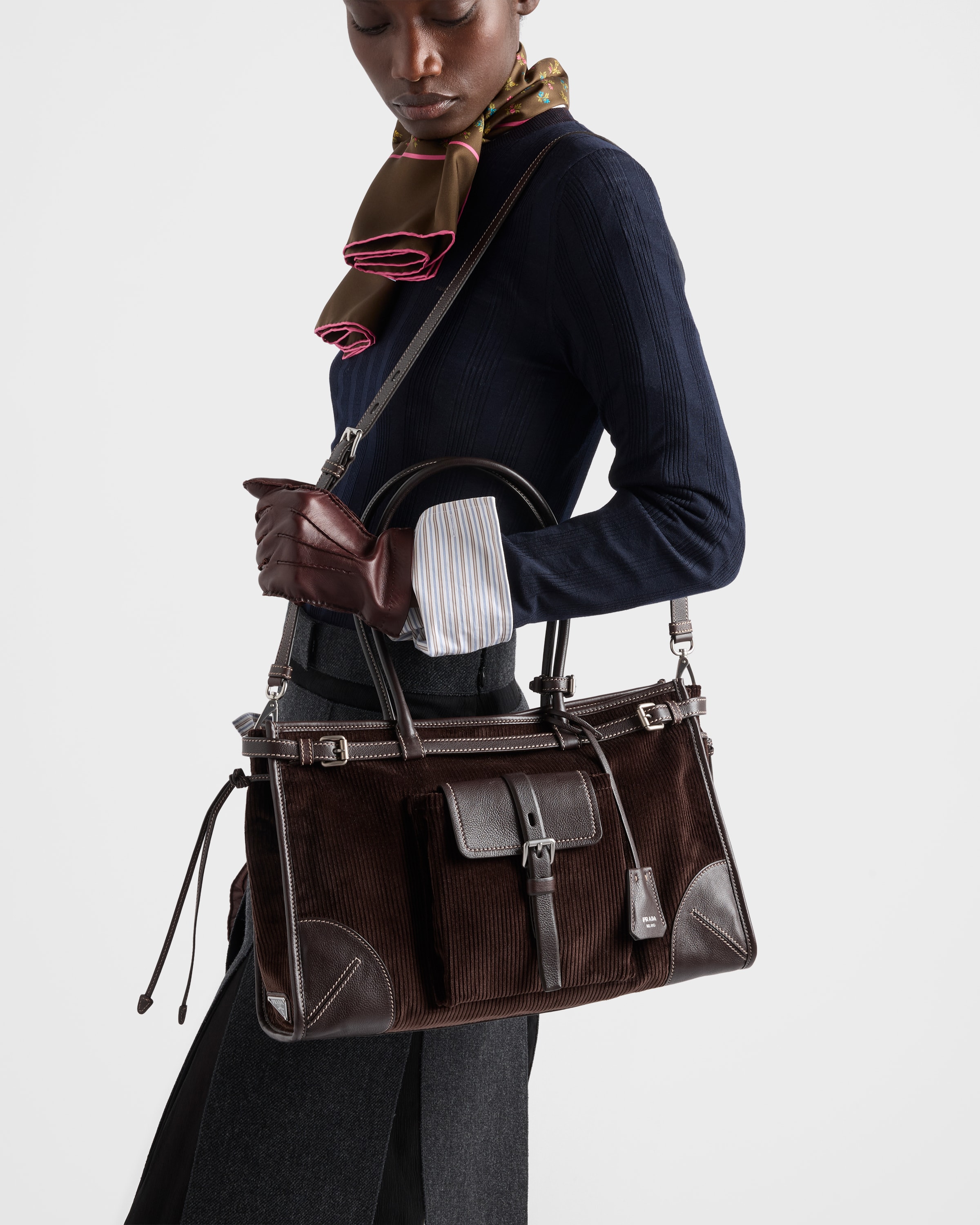 Ebony Prada Bonnie Large Corduroy And Leather Handbag | PRADA