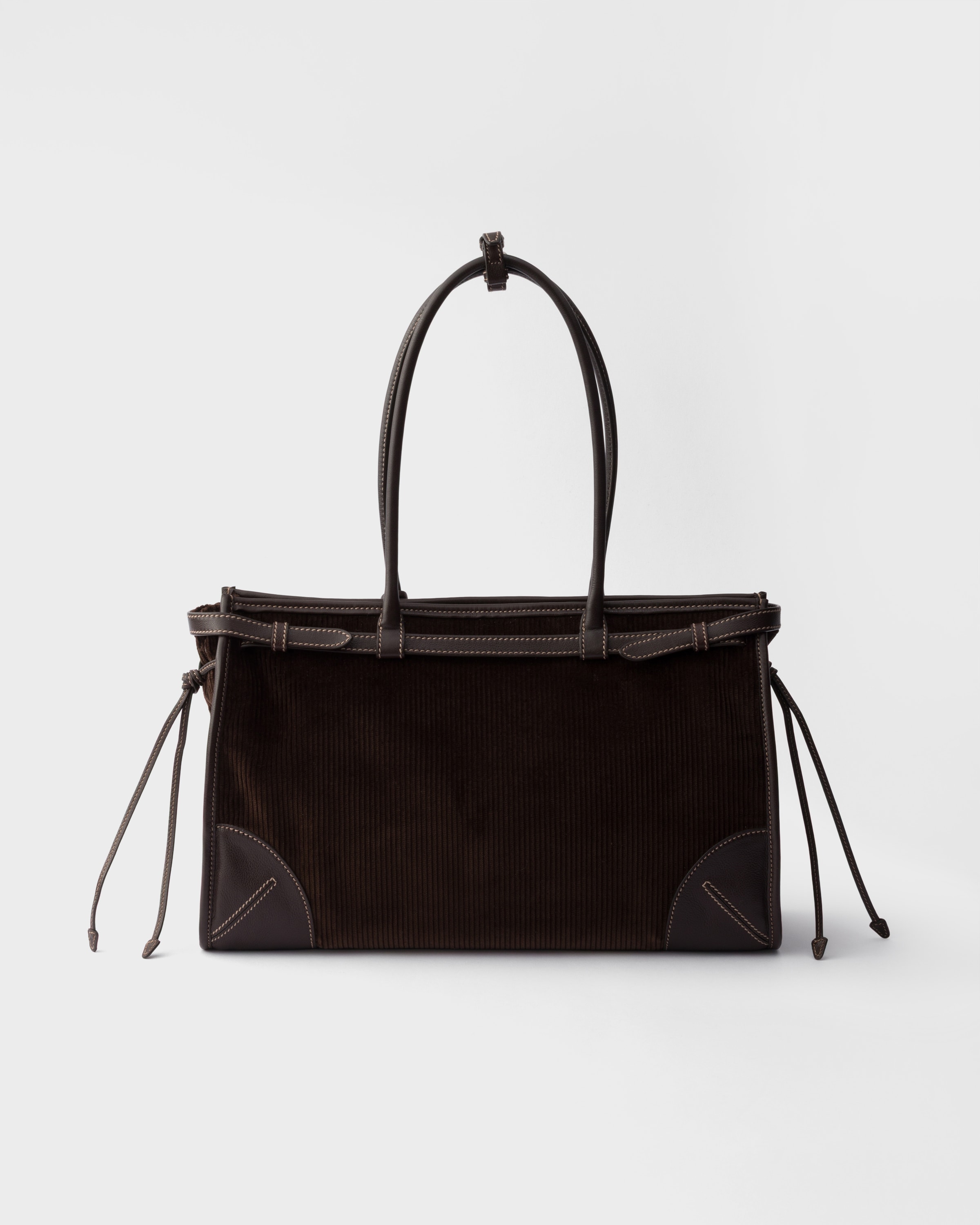 Ebony Prada Bonnie Large Corduroy And Leather Handbag | PRADA