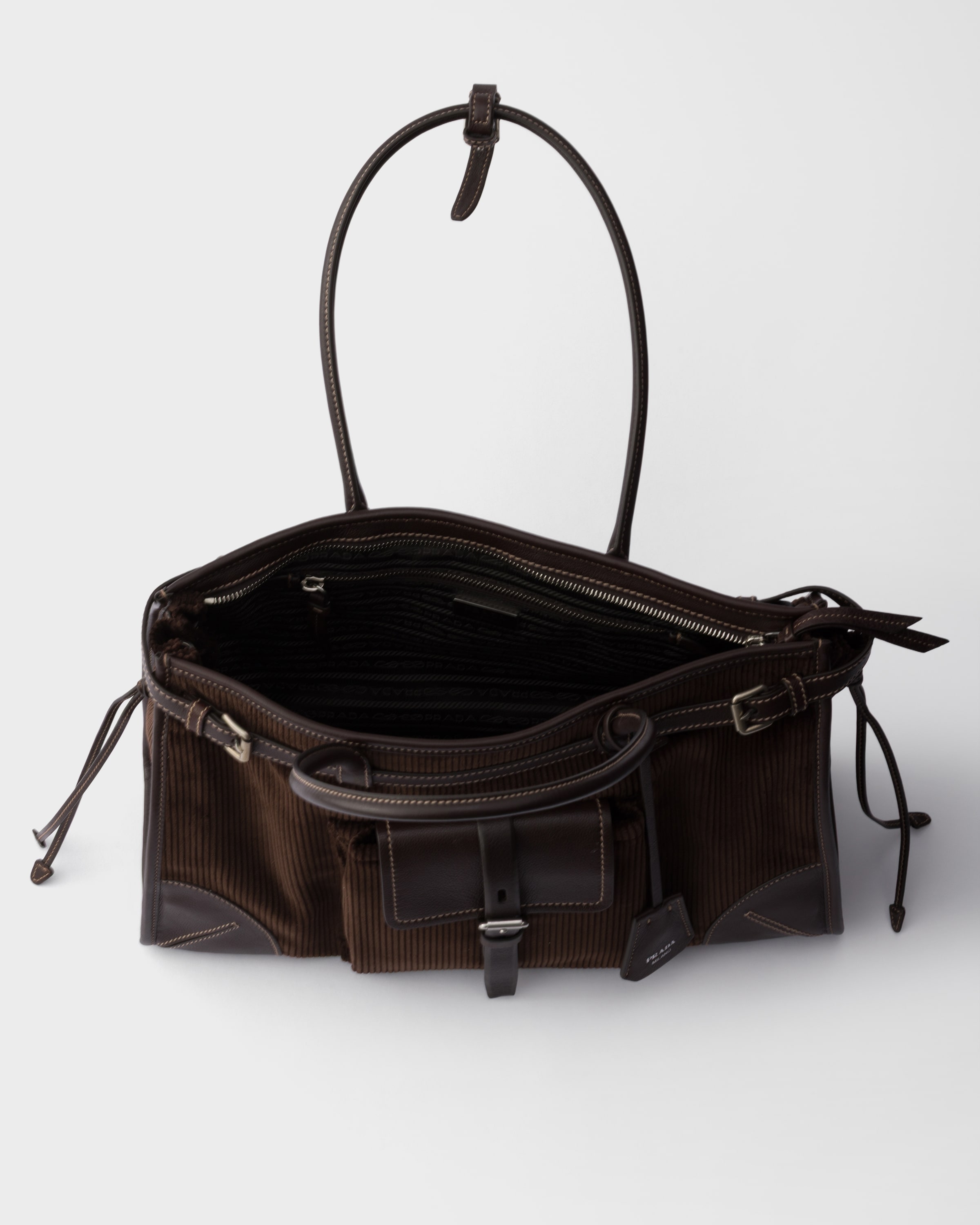 Ebony Prada Bonnie Large Corduroy And Leather Handbag | PRADA