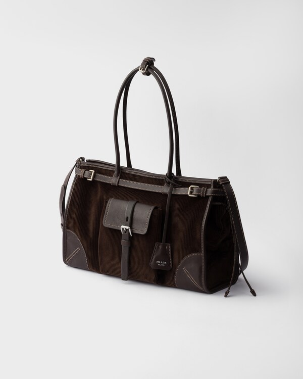 Prada Bonnie large corduroy and leather handbag - Ebony Prada Bonnie large corduroy and leather handbag - Ebony