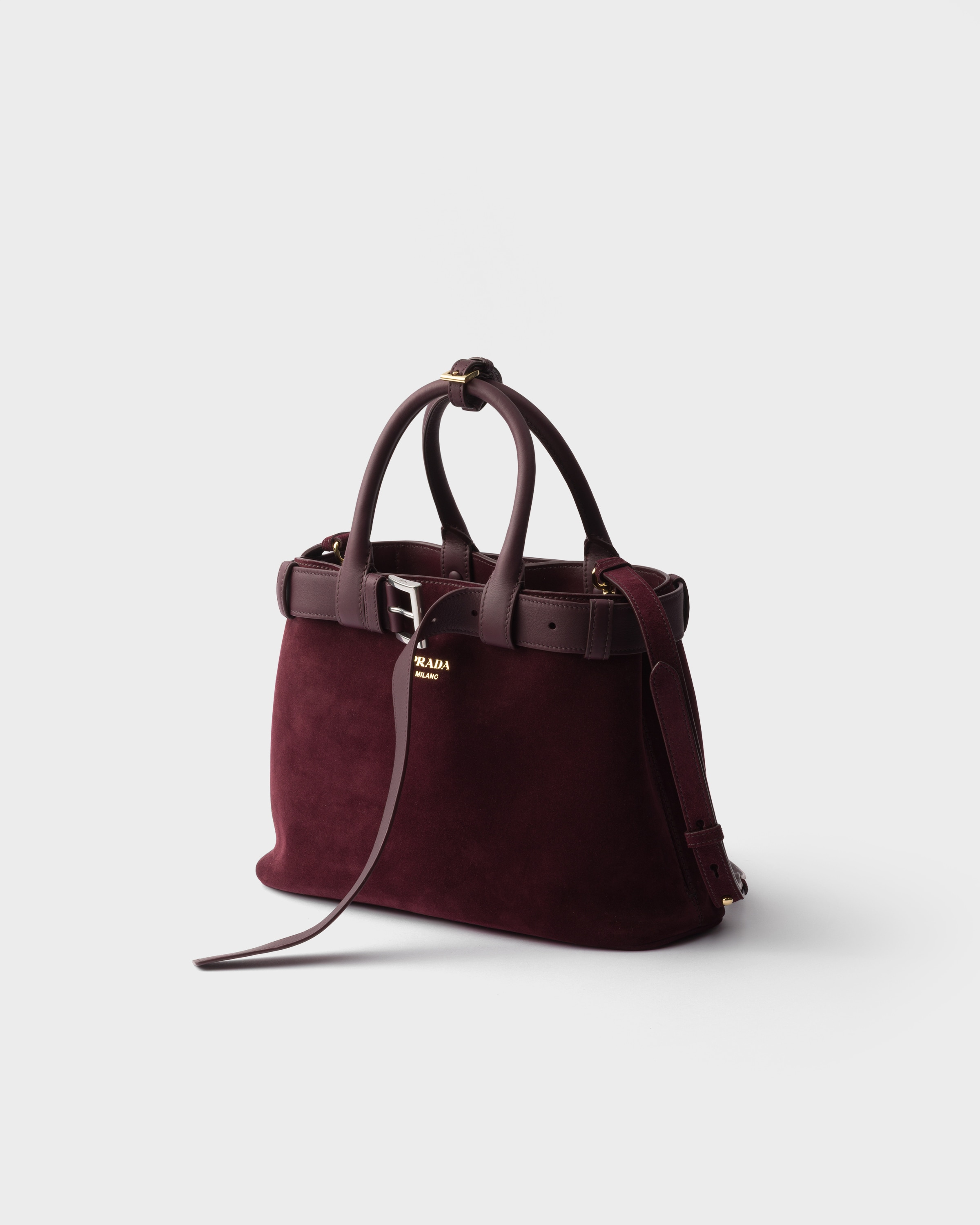 PRADA プラダ バックル スエード ミディアムバッグ 1BA434 ボルドー プラダ バックル スエード ミディアムバッグ | PRADA