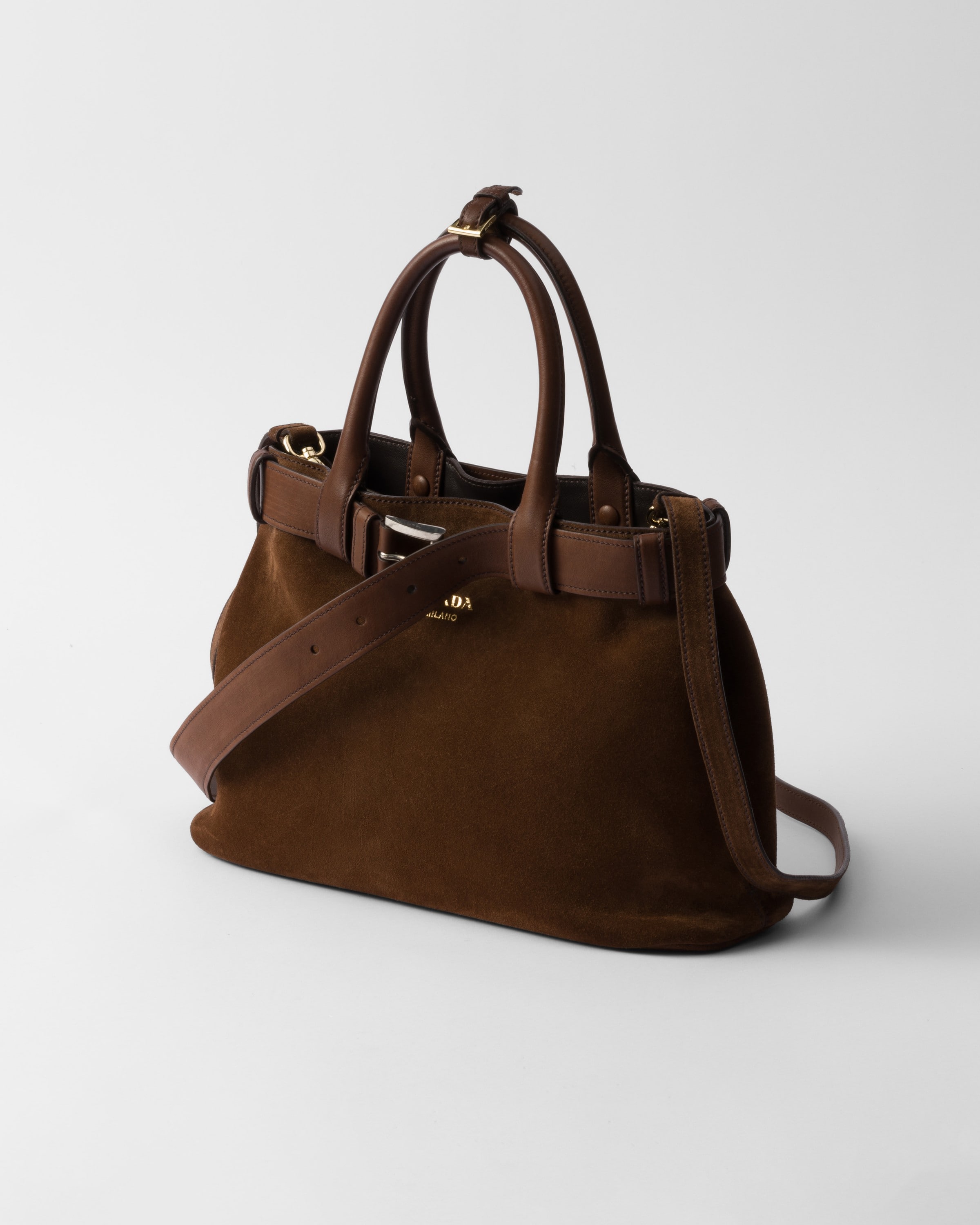 Shop Prada Mittelgrosse Buckle Tasche Aus Wildleder Mit Gürtel In Kakaobraun
