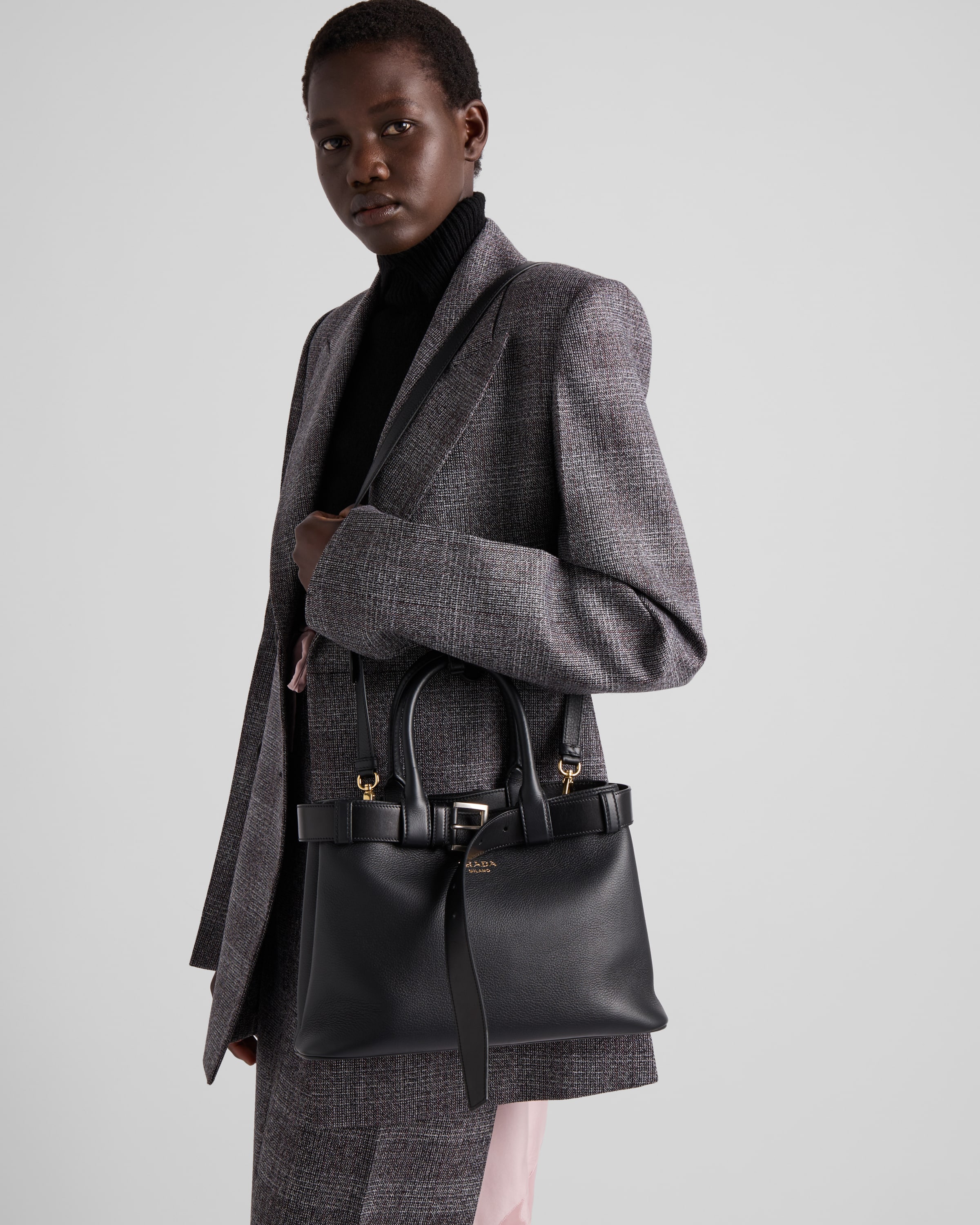 Black Prada Buckle Small Leather Handbag With Belt | PRADA