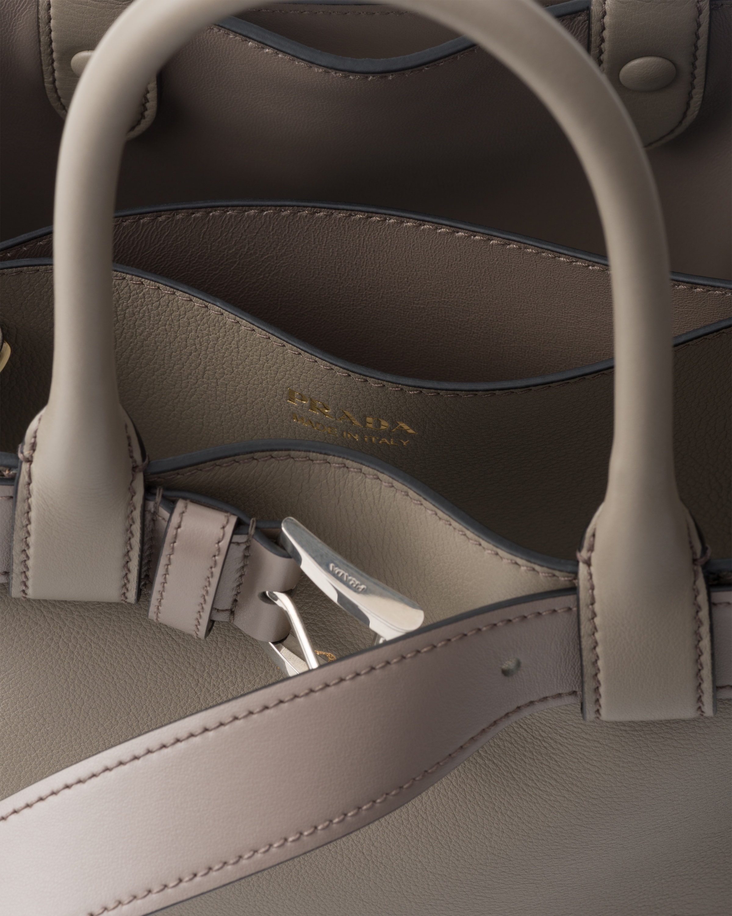 Prada Re-nylon And Leather Medium Top-handle Bag With Padlock In Clay Grey