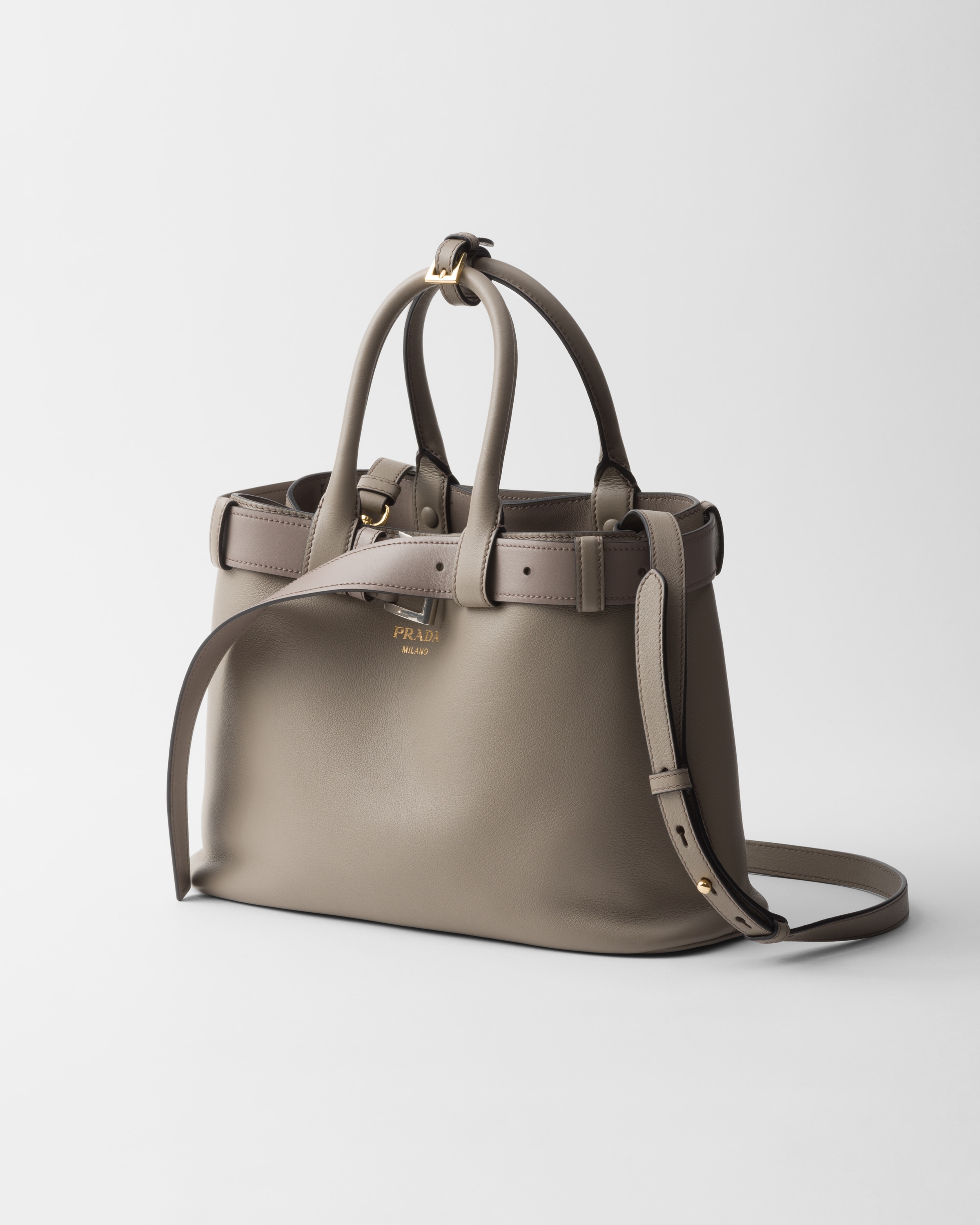 Prada Re-nylon And Leather Medium Top-handle Bag With Padlock In Clay Grey