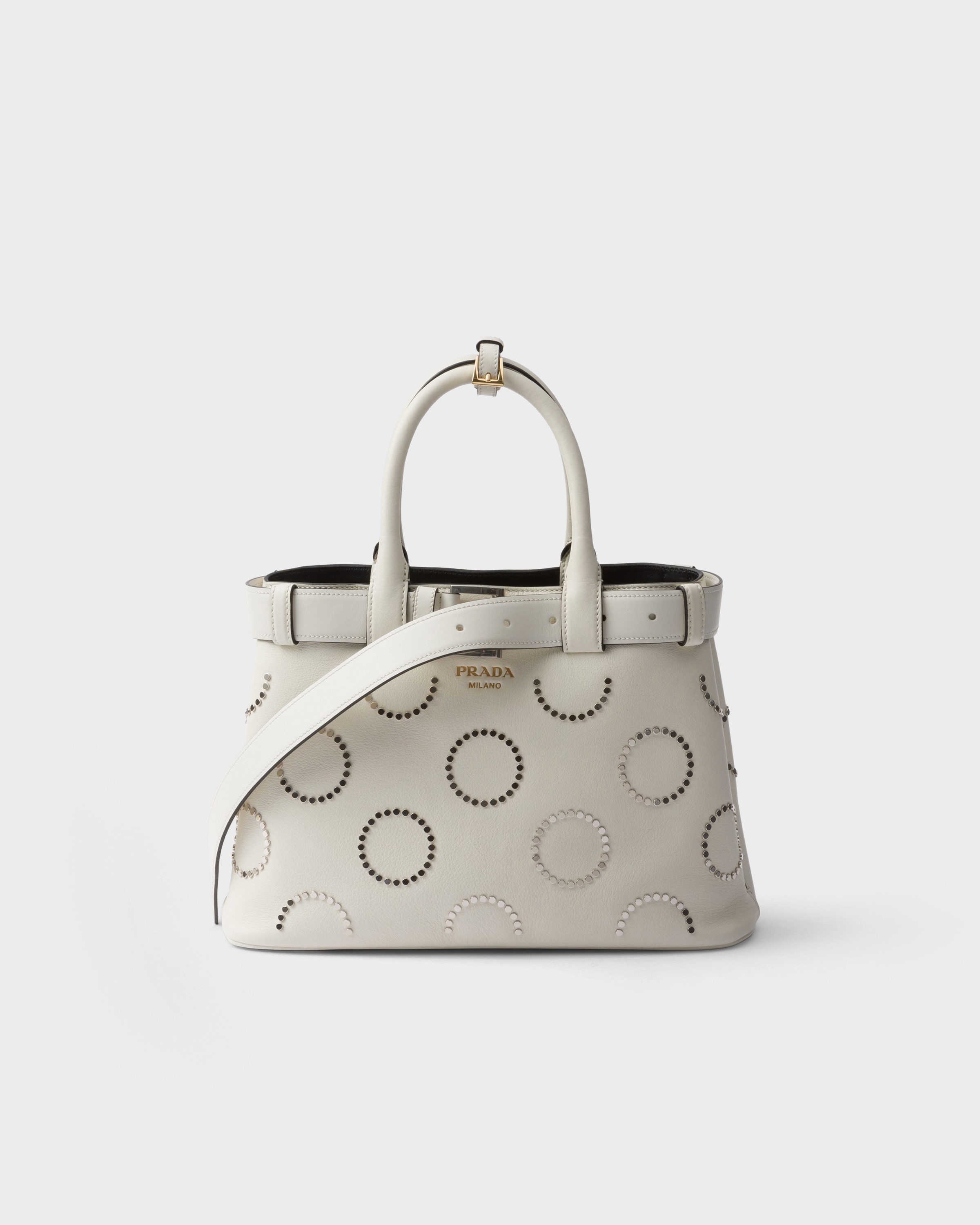 Shop Prada Buckle Medium Leather Bag With Appliqués In White/black