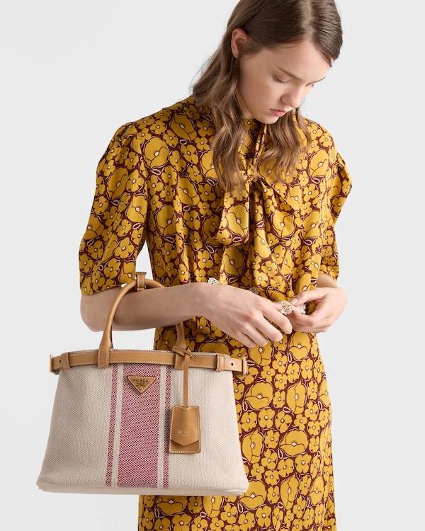 Prada Buckle small canvas and leather bag - Tan/Red Prada Buckle small canvas and leather bag - Tan/Red
