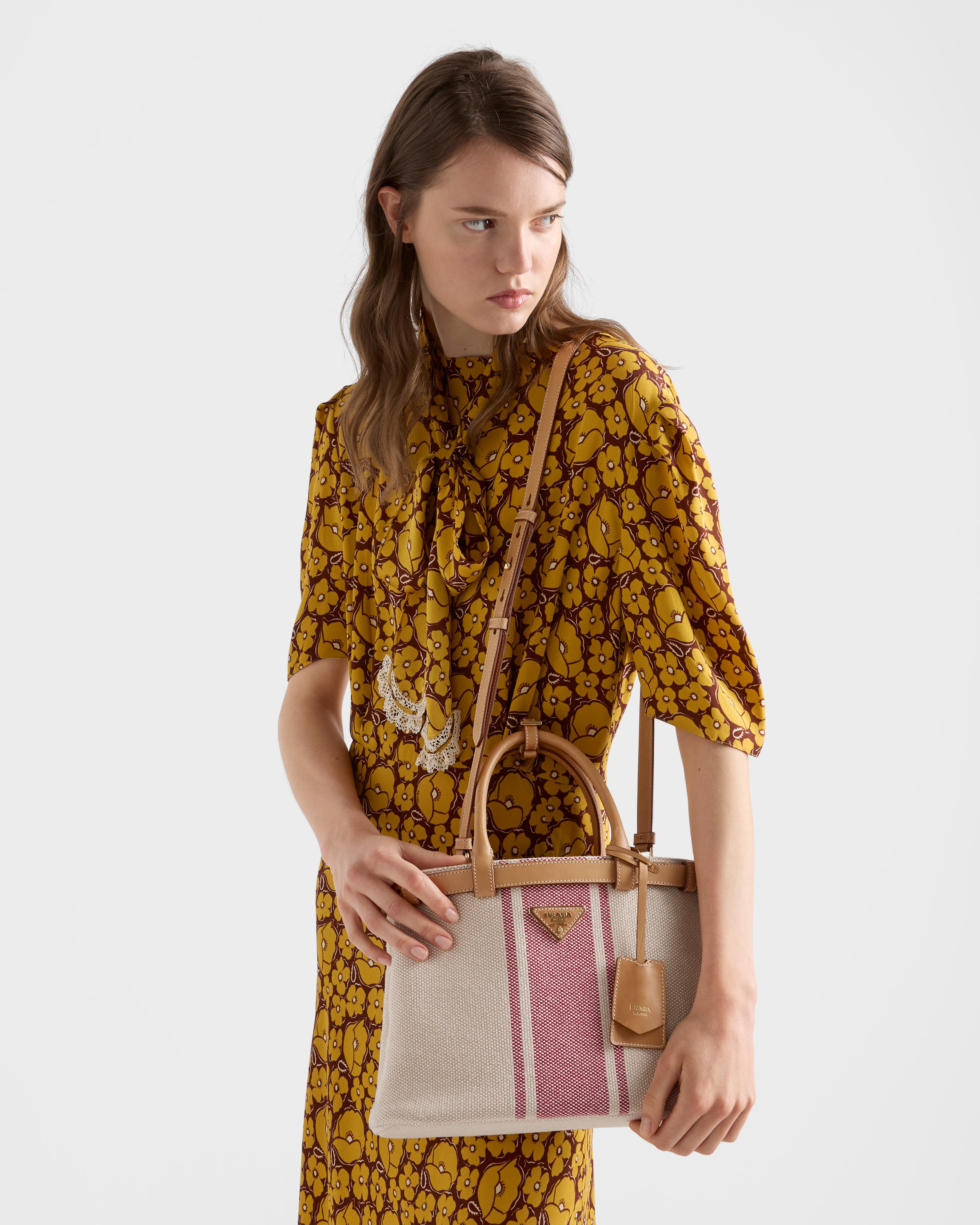 Tan/Red Prada Buckle small canvas and leather bag | PRADA - Turkey