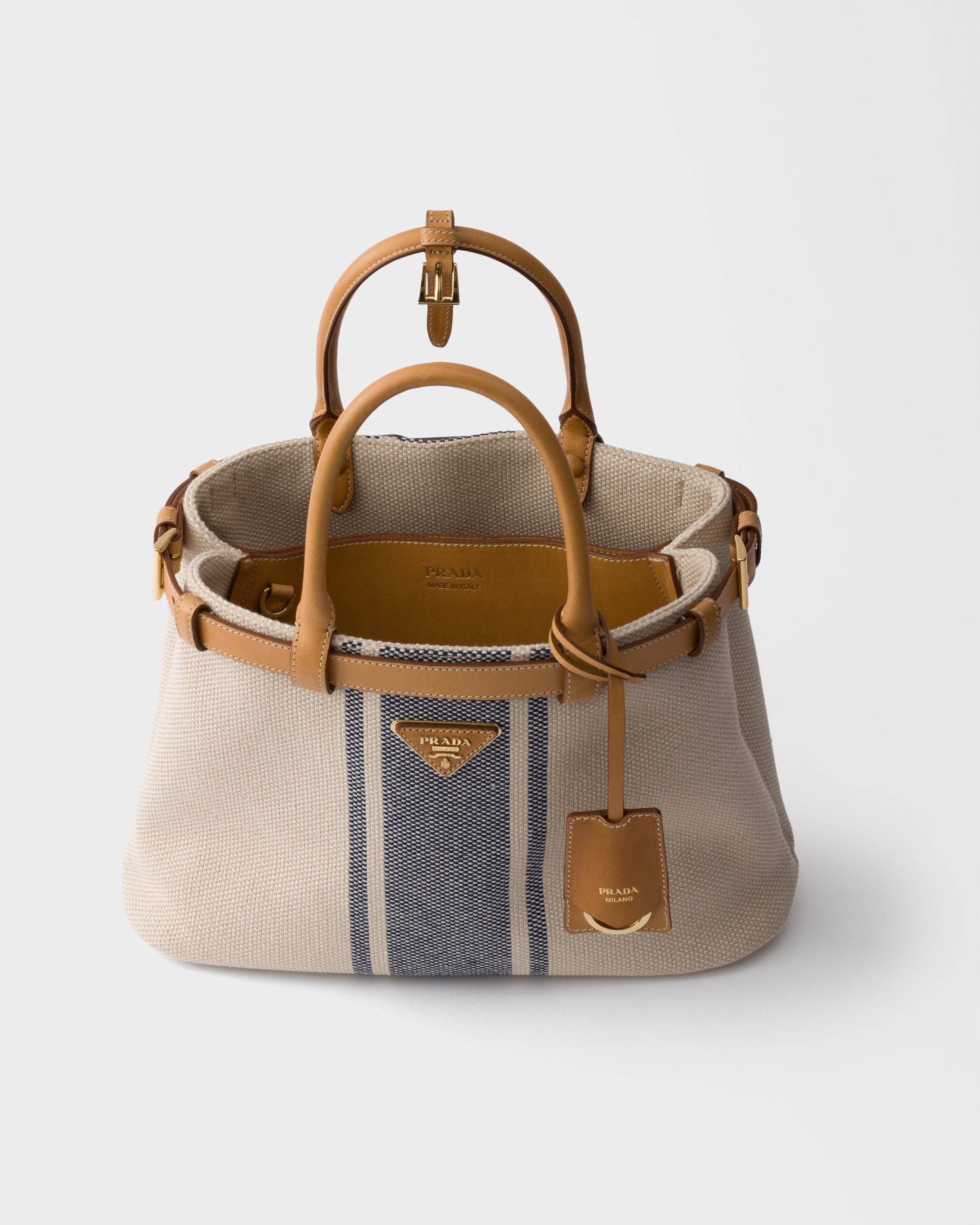 Beige/Baltic Blue Prada Buckle small canvas and leather bag