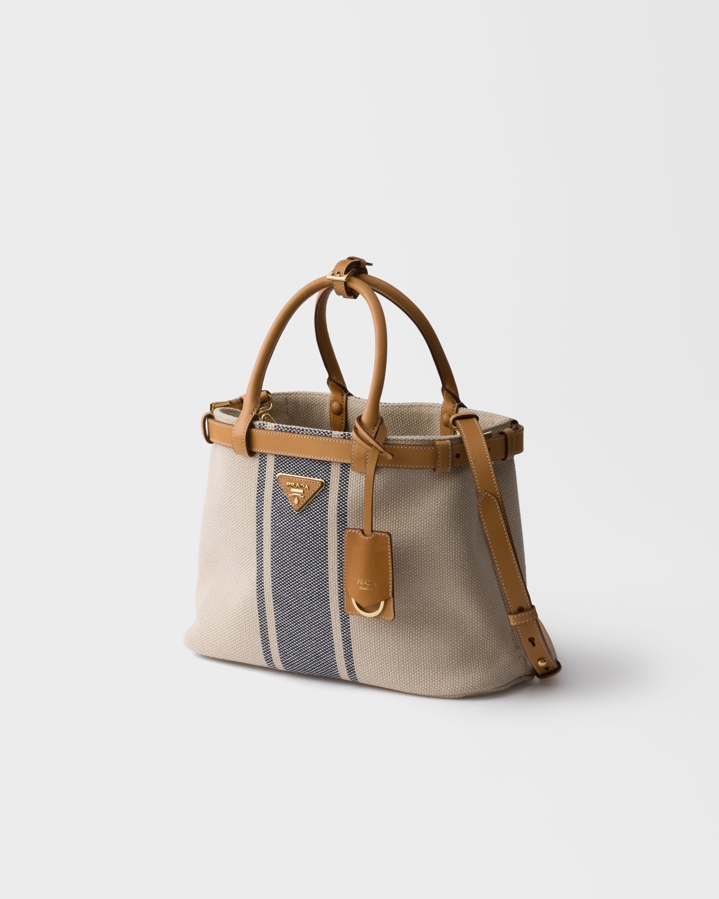 Beige/Baltic Blue Prada Buckle small canvas and leather bag