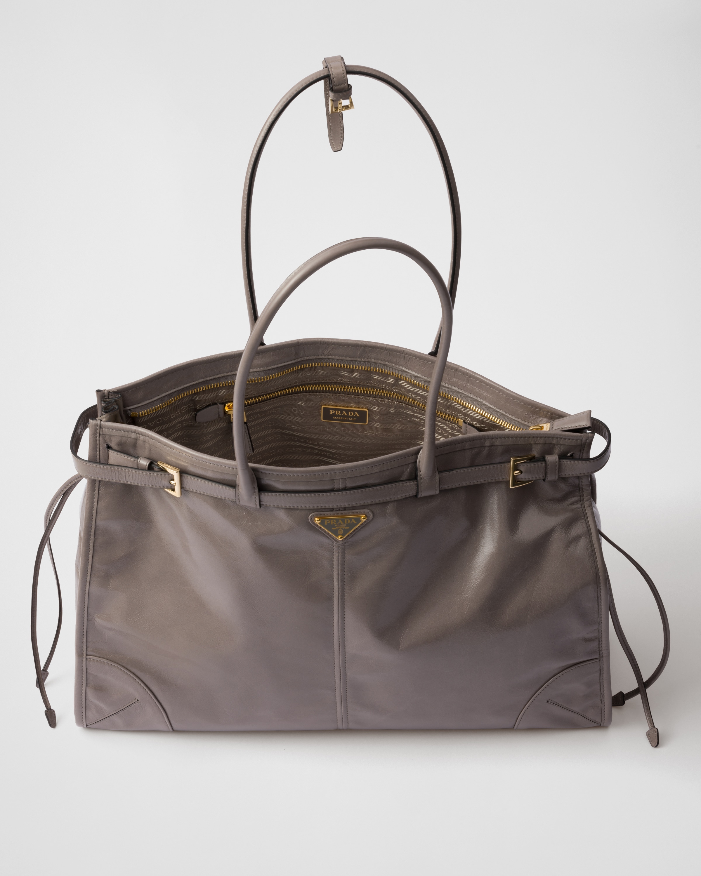 Prada Re-nylon And Leather Medium Top-handle Bag With Padlock In Pewter