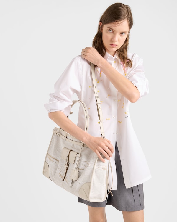 Prada Bonnie printed linen and leather tote bag - White Prada Bonnie printed linen and leather tote bag - White
