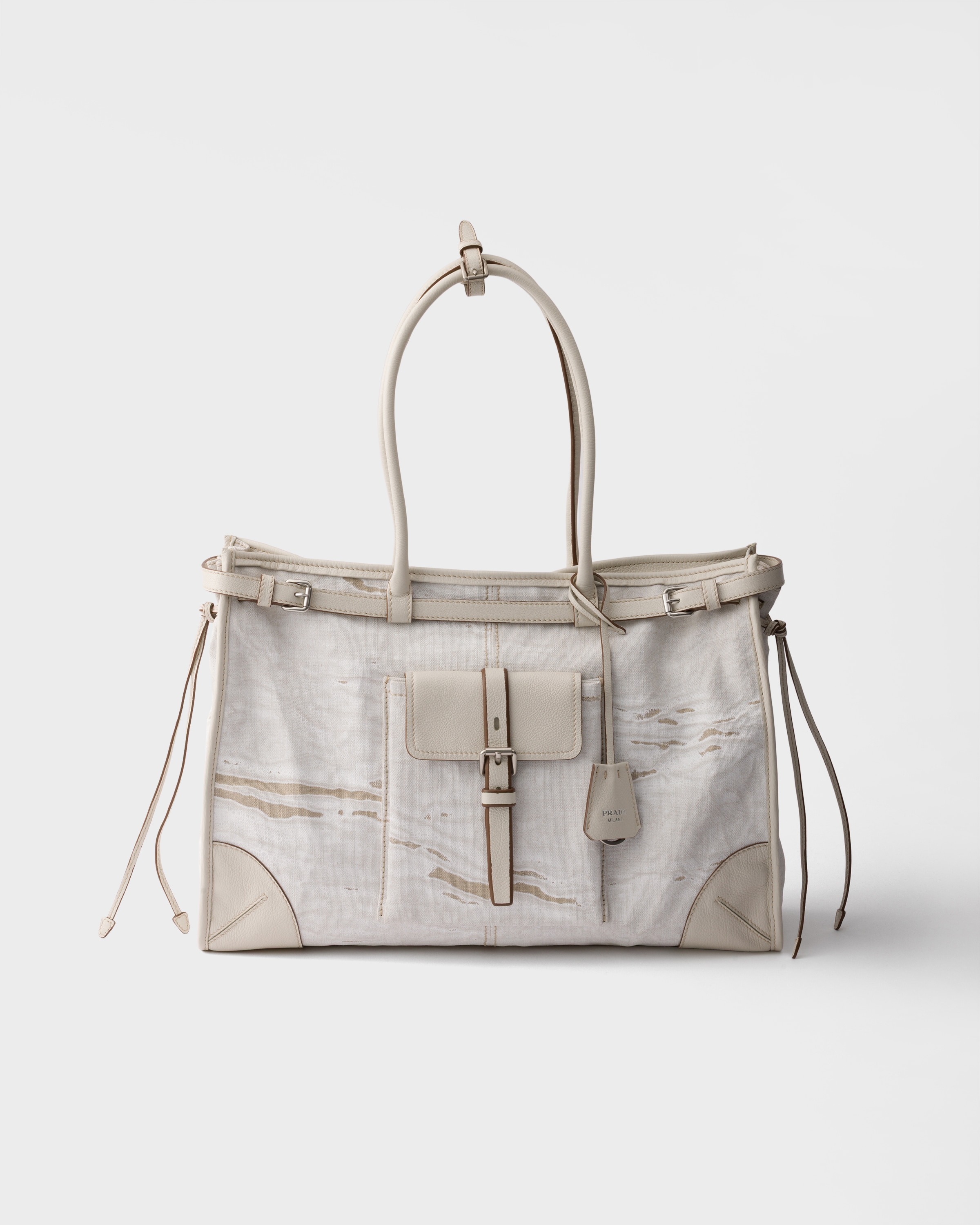 White Prada Bonnie printed linen and leather tote bag | PRADA
