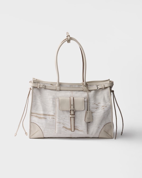 Prada Bonnie printed linen and leather tote bag - White Prada Bonnie printed linen and leather tote bag - White