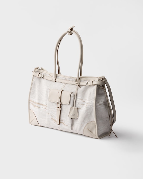 Prada Bonnie printed linen and leather tote bag - White Prada Bonnie printed linen and leather tote bag - White