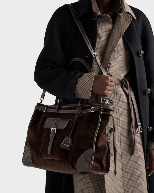 Prada Bonnie extra large corduroy and leather handbag - Ebony Prada Bonnie extra large corduroy and leather handbag - Ebony