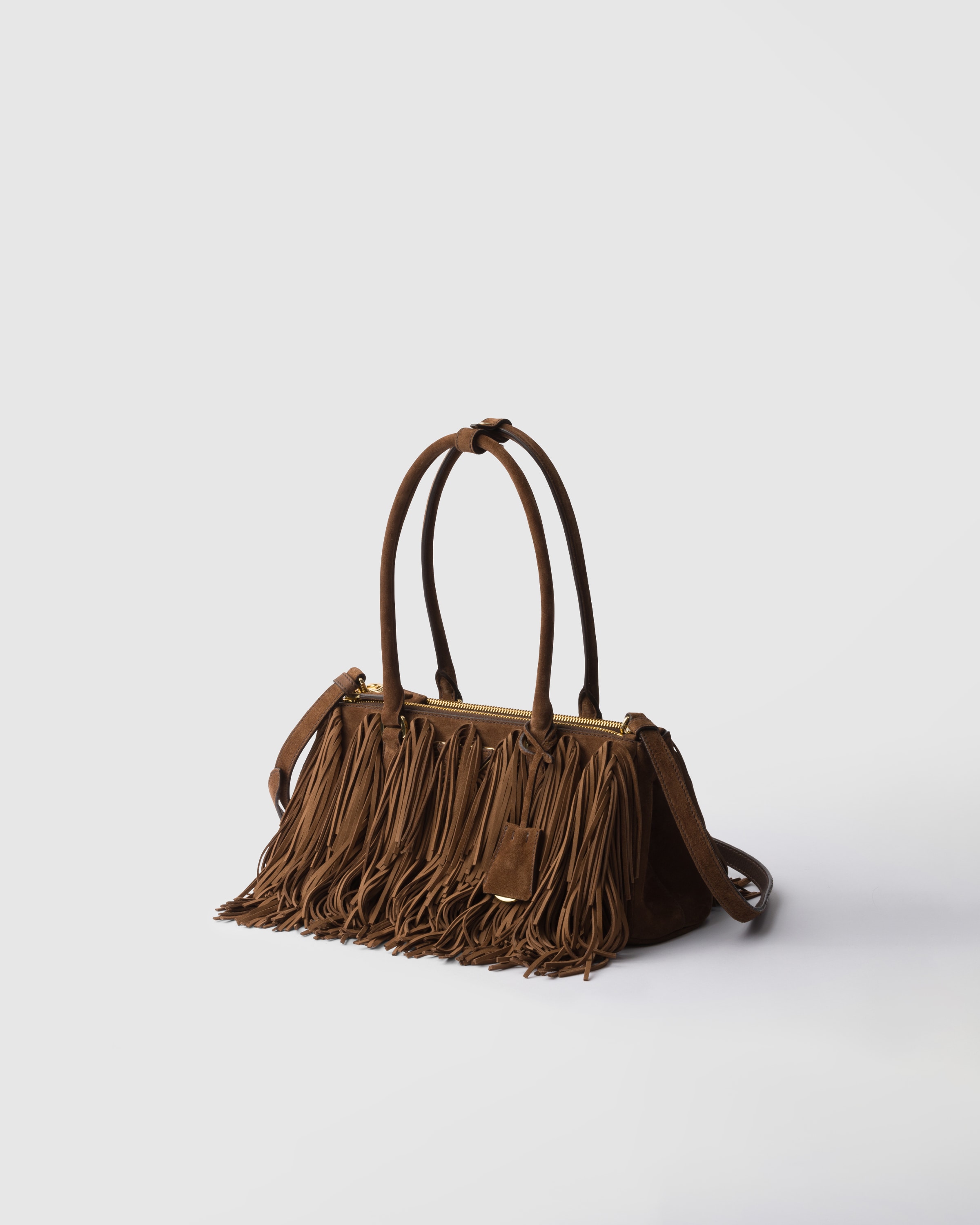 Prada Galleria Fringed Suede Shoulder Bag In Kakaobraun