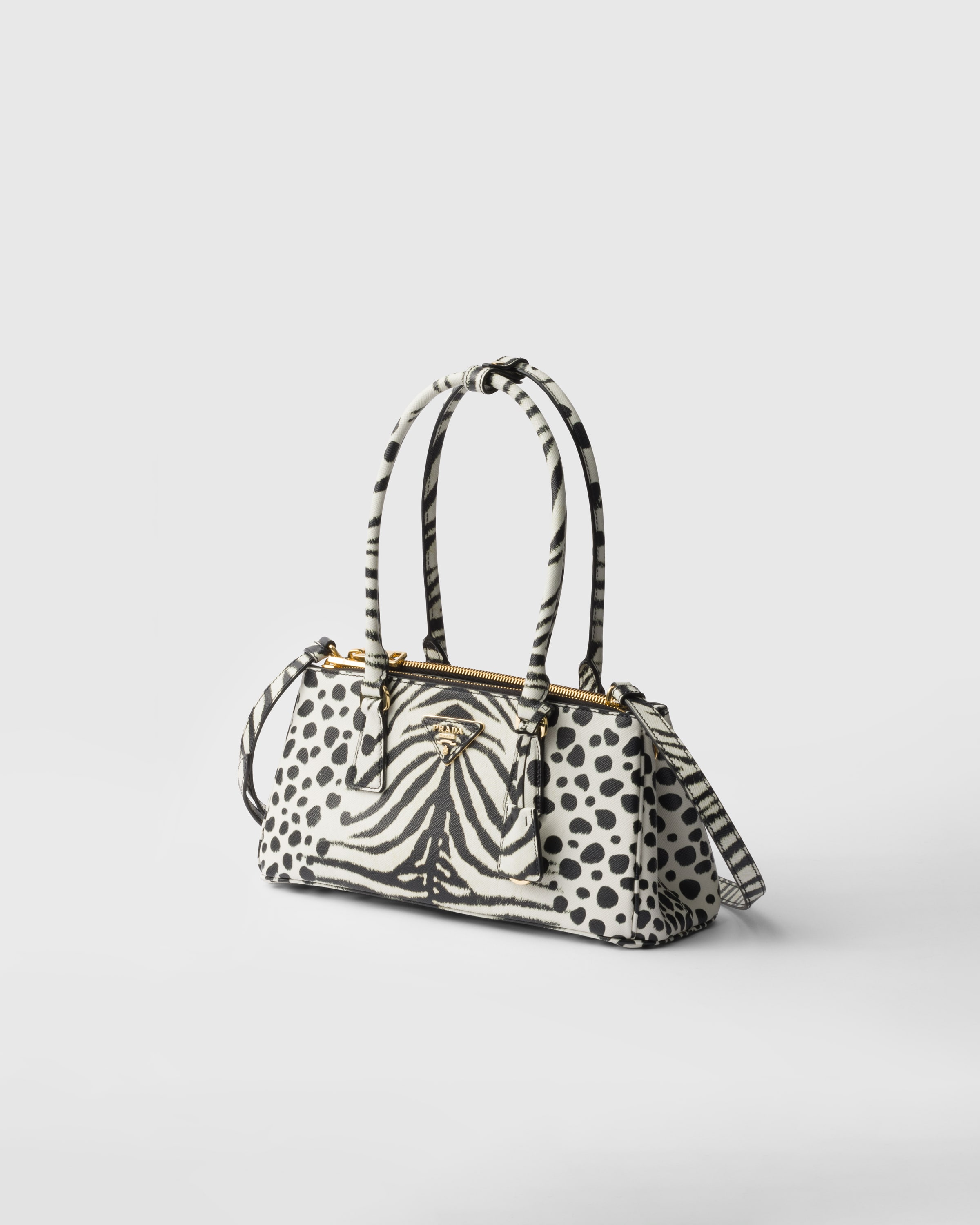 Prada Galleria Medium Printed Saffiano Leather Bag In White/black