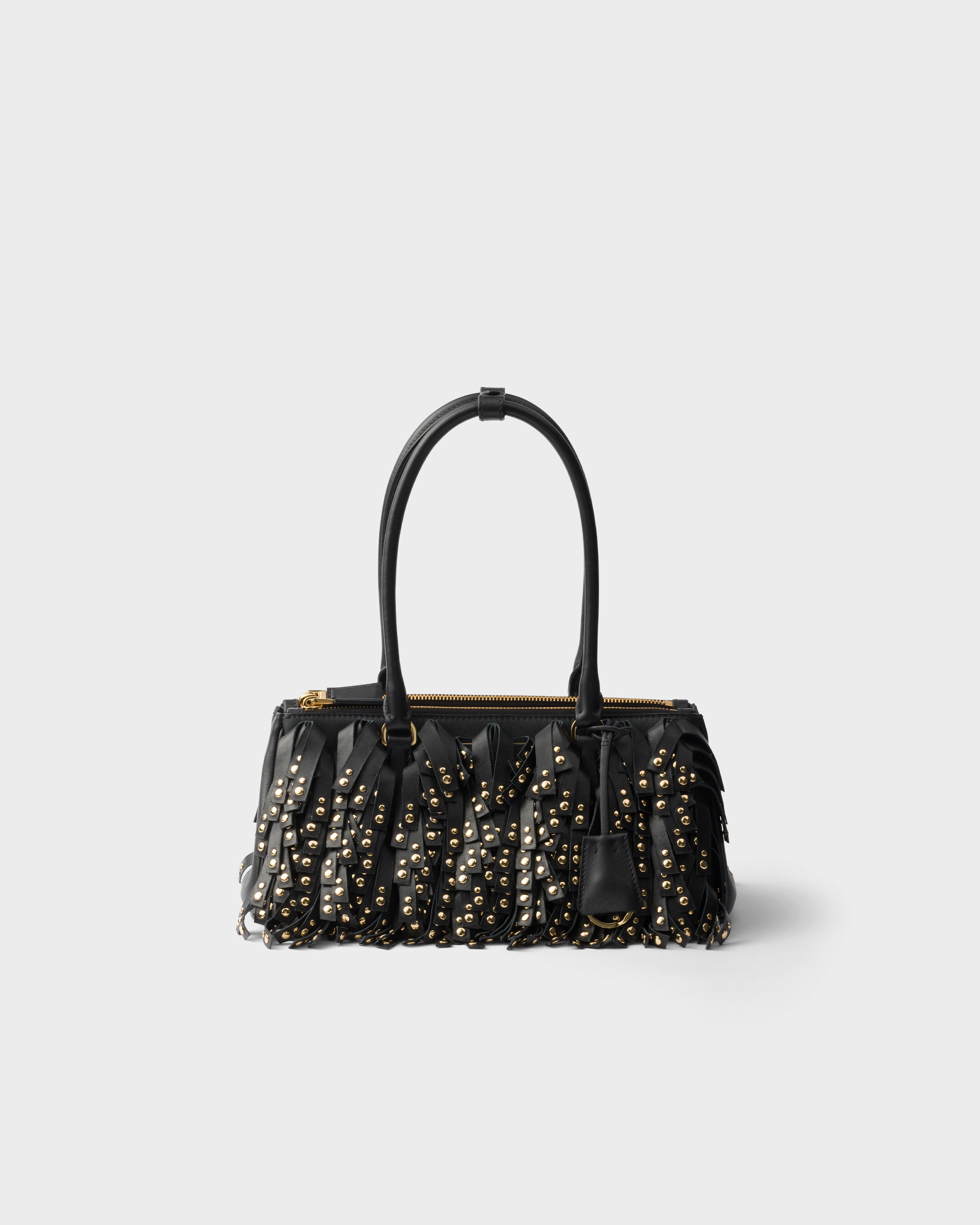 Prada Galleria Medium Nappa Leather Bag With Fringe And Studs, Woman, Black