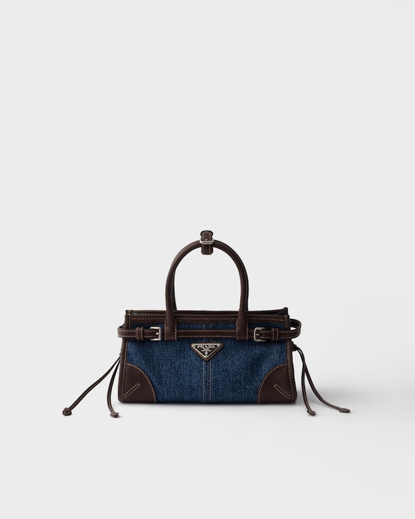 프라다 보니 소형 데님 및 가죽 핸드백 - 블루/커피 프라다 보니 소형 데님 및 가죽 핸드백 - 블루/커피