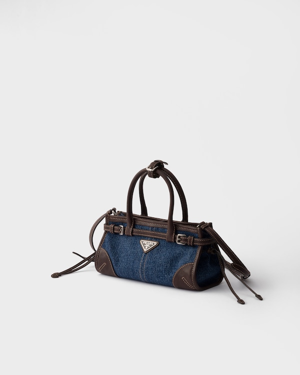 프라다 보니 소형 데님 및 가죽 핸드백 - 블루/커피 프라다 보니 소형 데님 및 가죽 핸드백 - 블루/커피