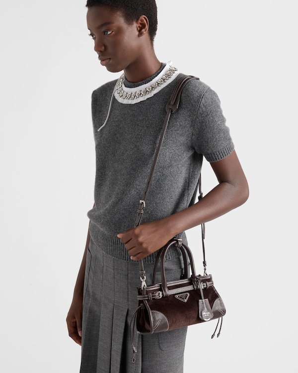 Prada Bonnie small corduroy and leather handbag - Ebony Prada Bonnie small corduroy and leather handbag - Ebony
