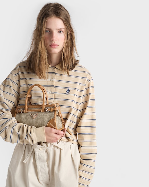 Prada Bonnie小号亚麻和皮革拼接手袋 - 麻色/自然色 Prada Bonnie小号亚麻和皮革拼接手袋 - 麻色/自然色