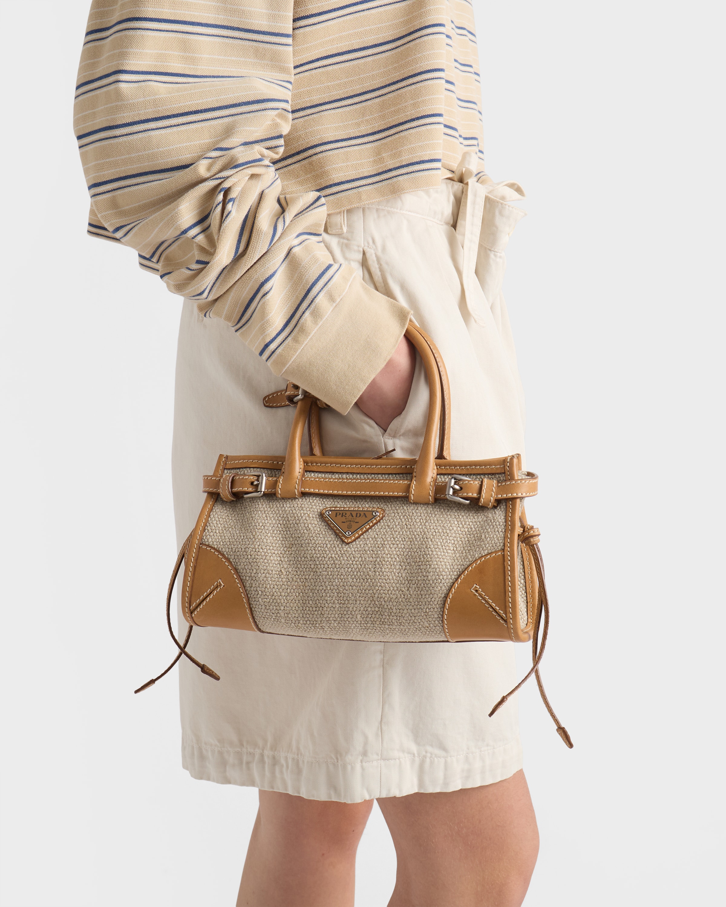 Rope/Natural Prada Bonnie small linen and leather handbag | PRADA