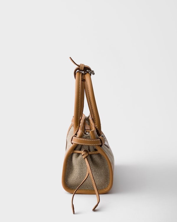 Prada Bonnie小号亚麻和皮革拼接手袋 - 麻色/自然色 Prada Bonnie小号亚麻和皮革拼接手袋 - 麻色/自然色