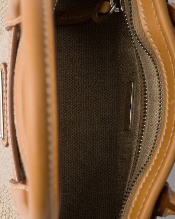 Prada Bonnie小号亚麻和皮革拼接手袋 - 麻色/自然色 Prada Bonnie小号亚麻和皮革拼接手袋 - 麻色/自然色