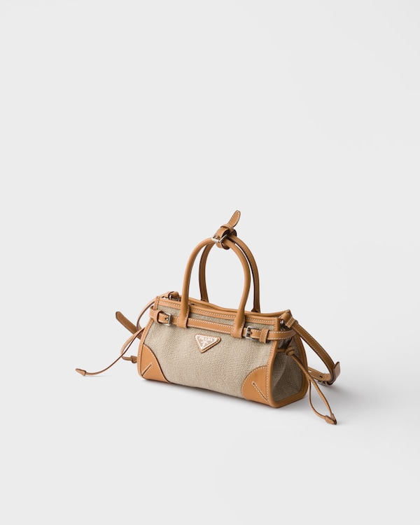 Prada Bonnie小号亚麻和皮革拼接手袋 - 麻色/自然色 Prada Bonnie小号亚麻和皮革拼接手袋 - 麻色/自然色