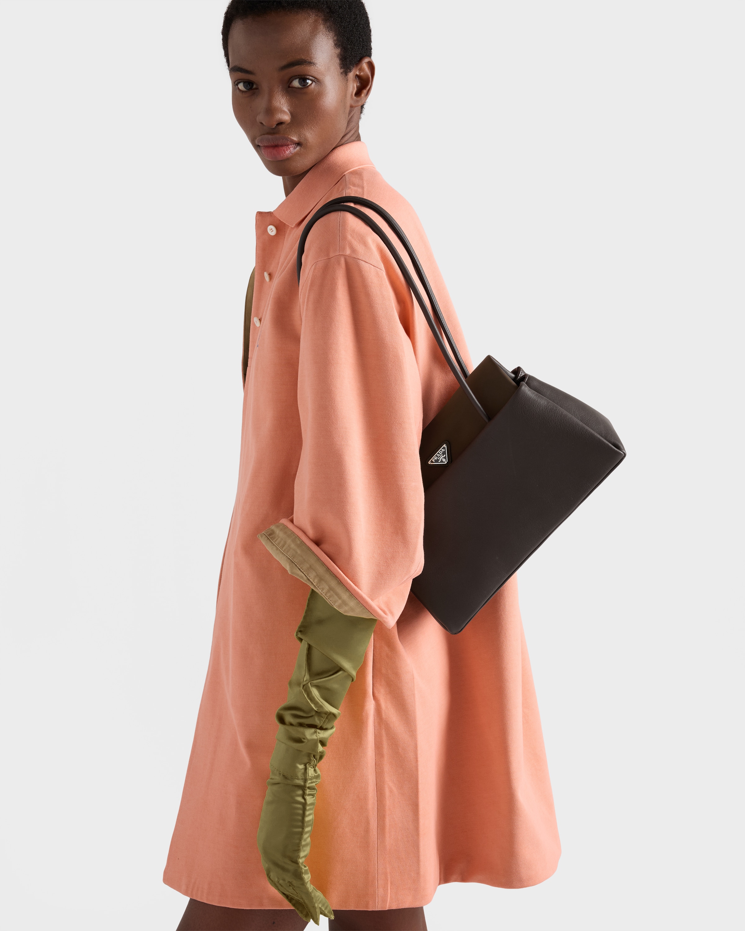 Coffee Prada Passage medium leather bag with Re-Nylon flap | PRADA