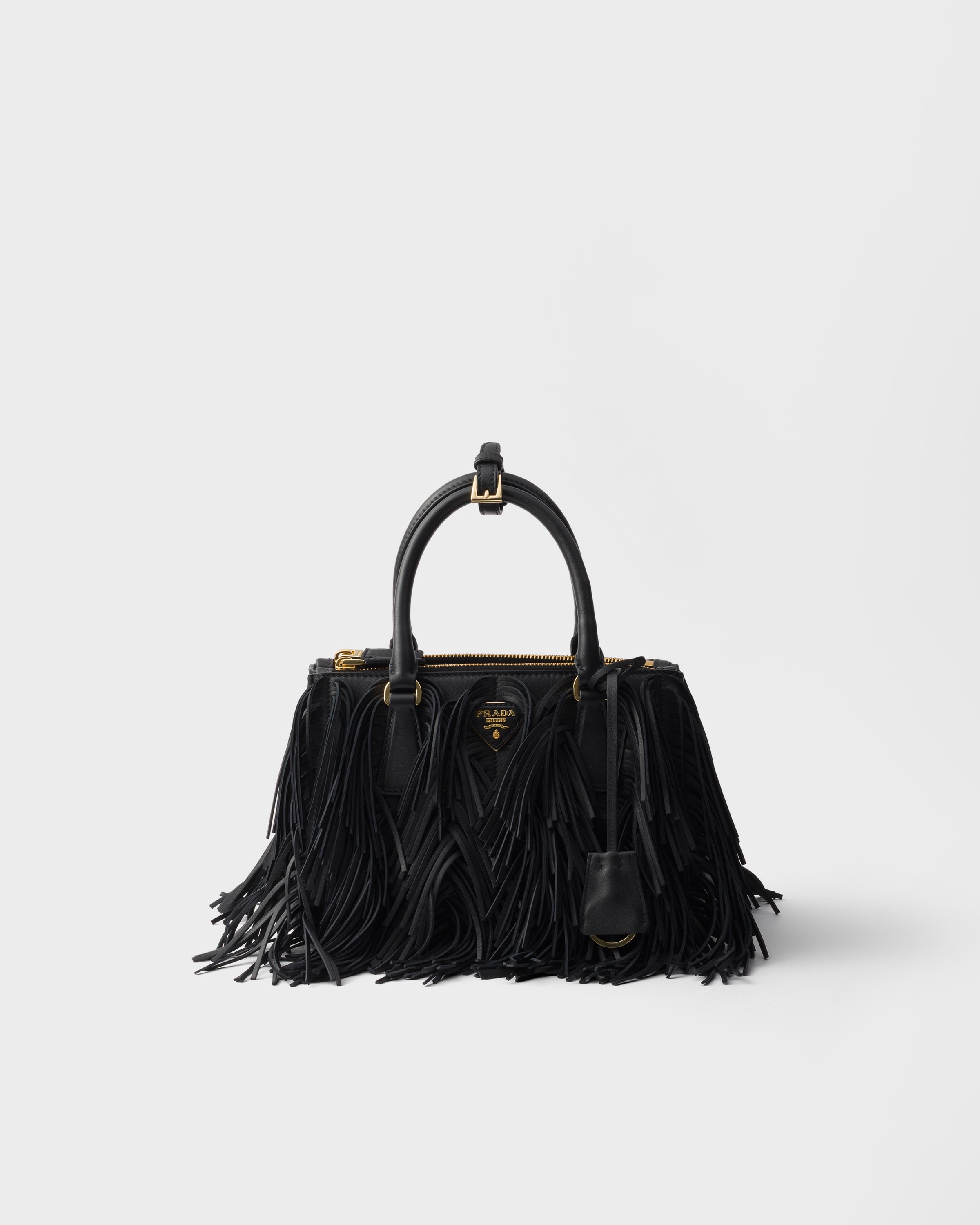 Prada Galleria Small Leather Bag With Fringe, Woman, Black