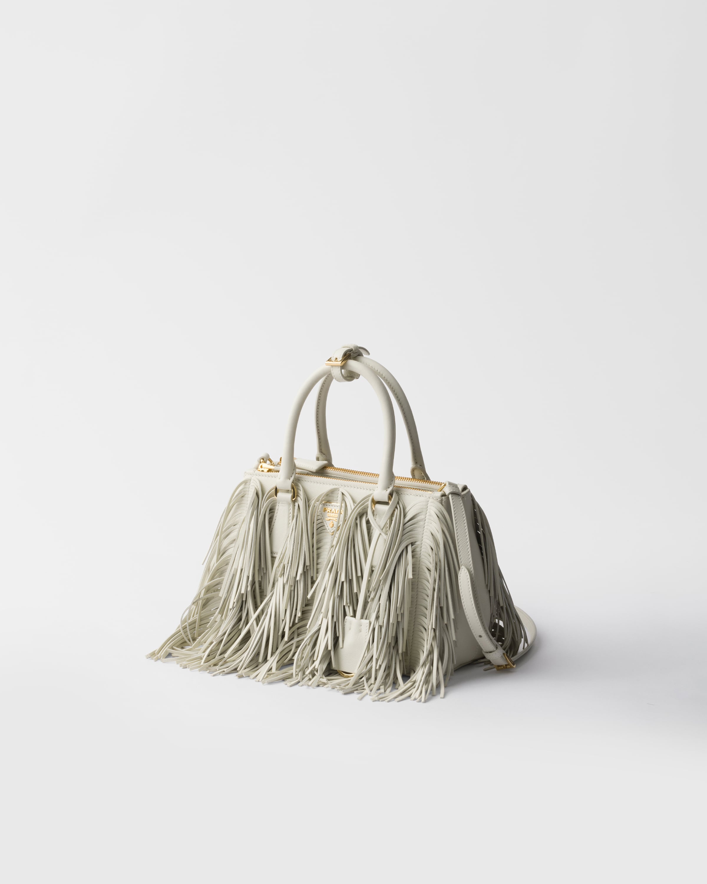 Prada Galleria Small Leather Bag With Fringe In Weiss