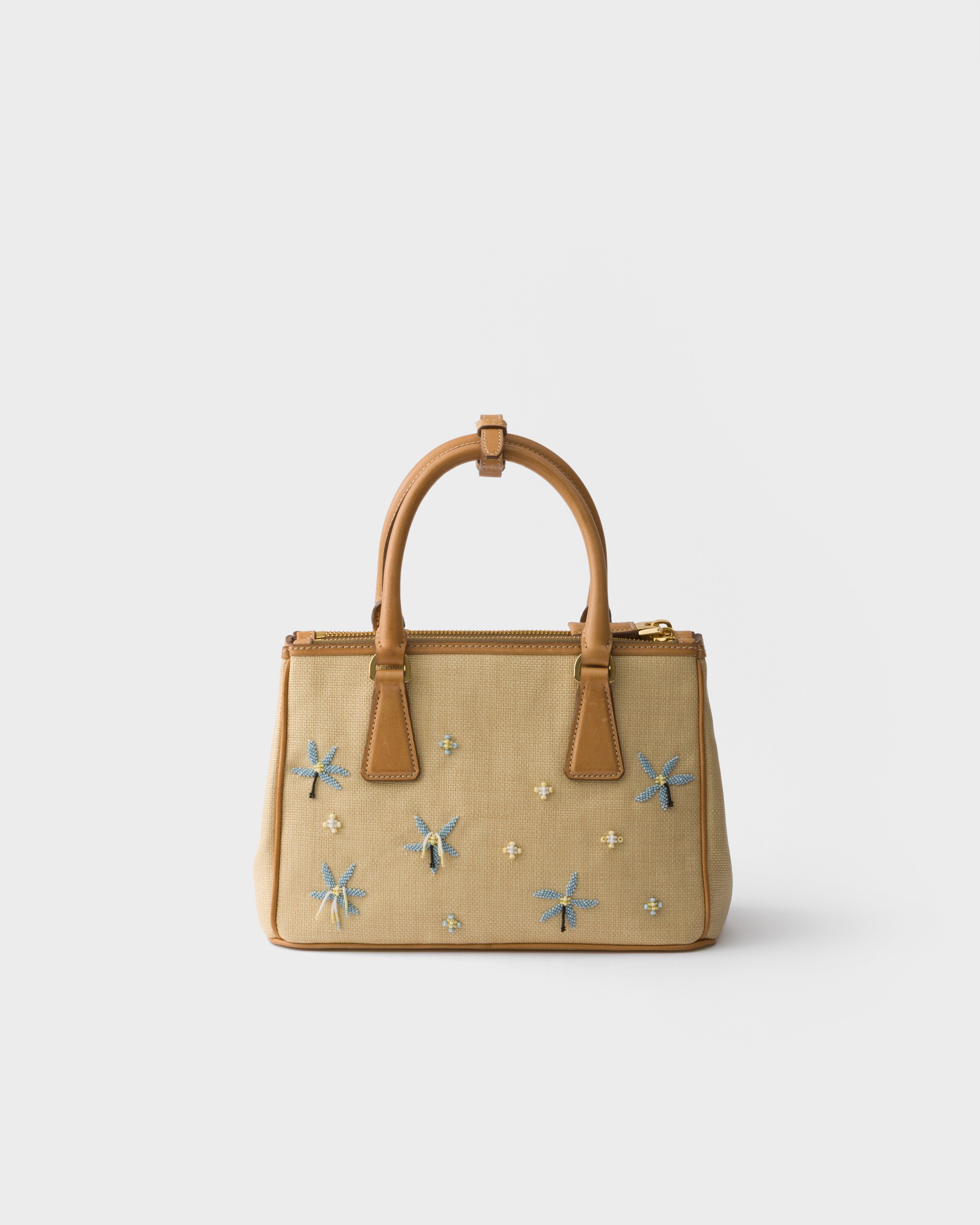 Natural Prada Galleria Small Canvas And Leather Embroidered Bag