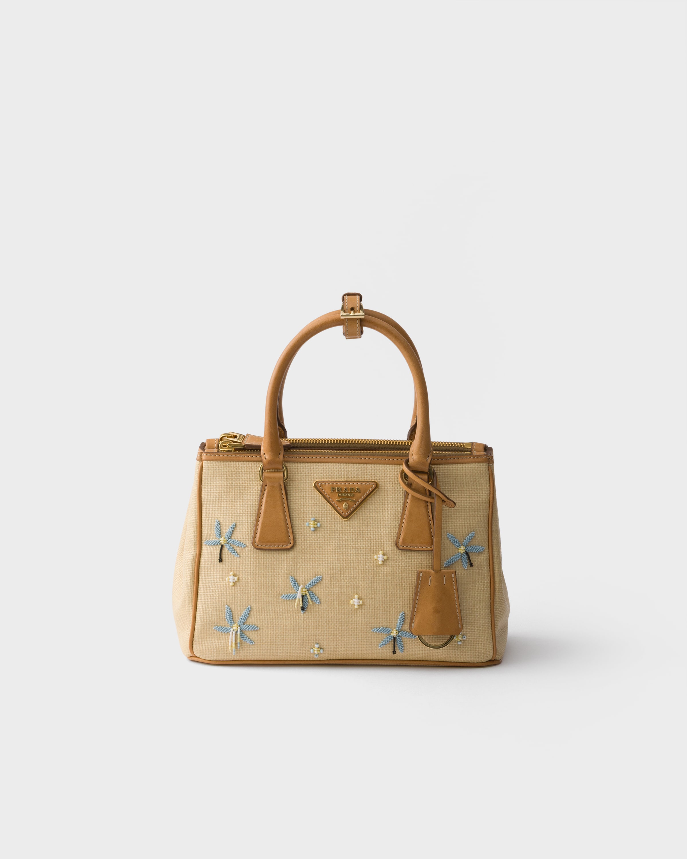 Natural Prada Galleria Small Canvas And Leather Embroidered Bag