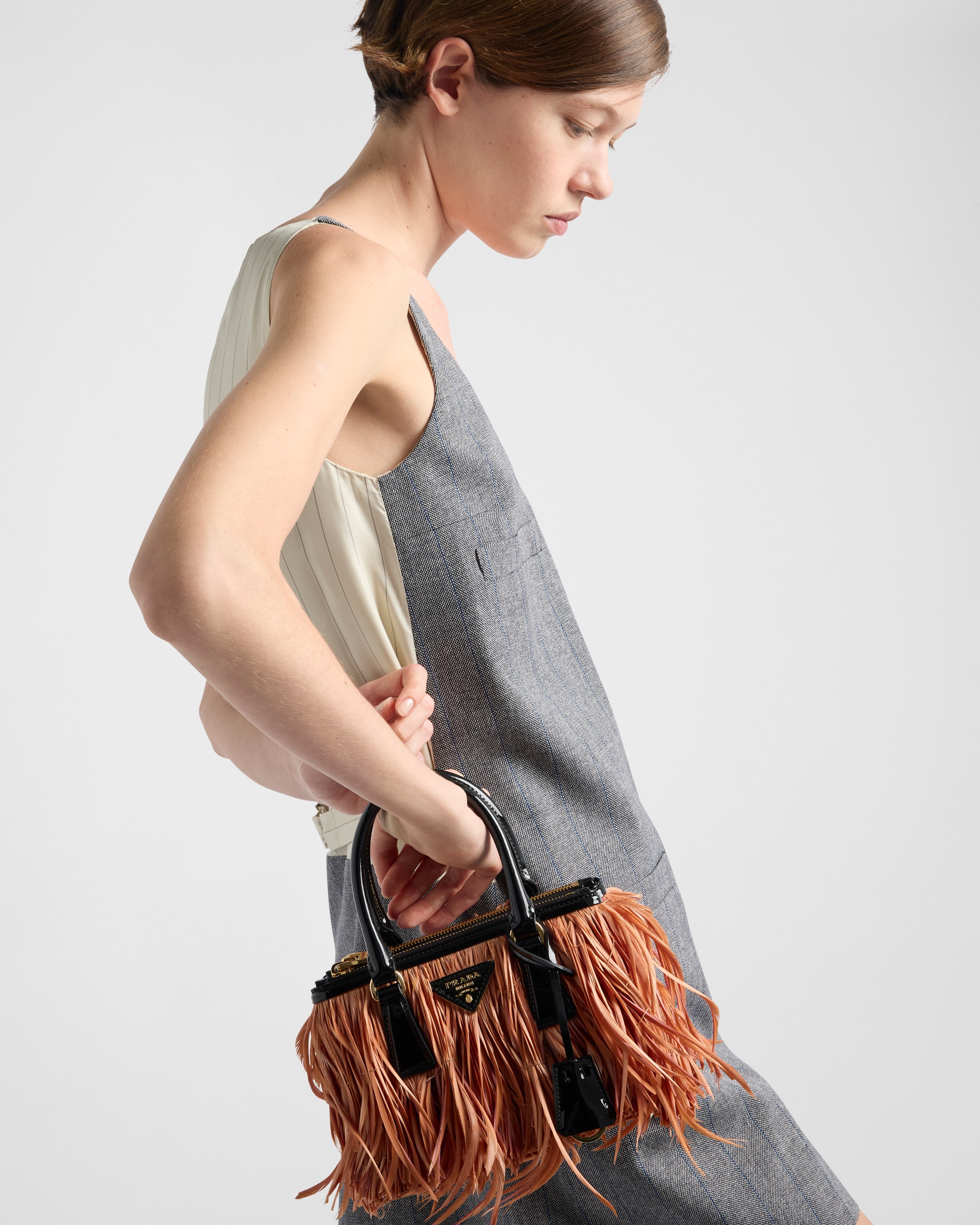 Prada Galleria Mini-bag With Feather Trim In Apricot/black