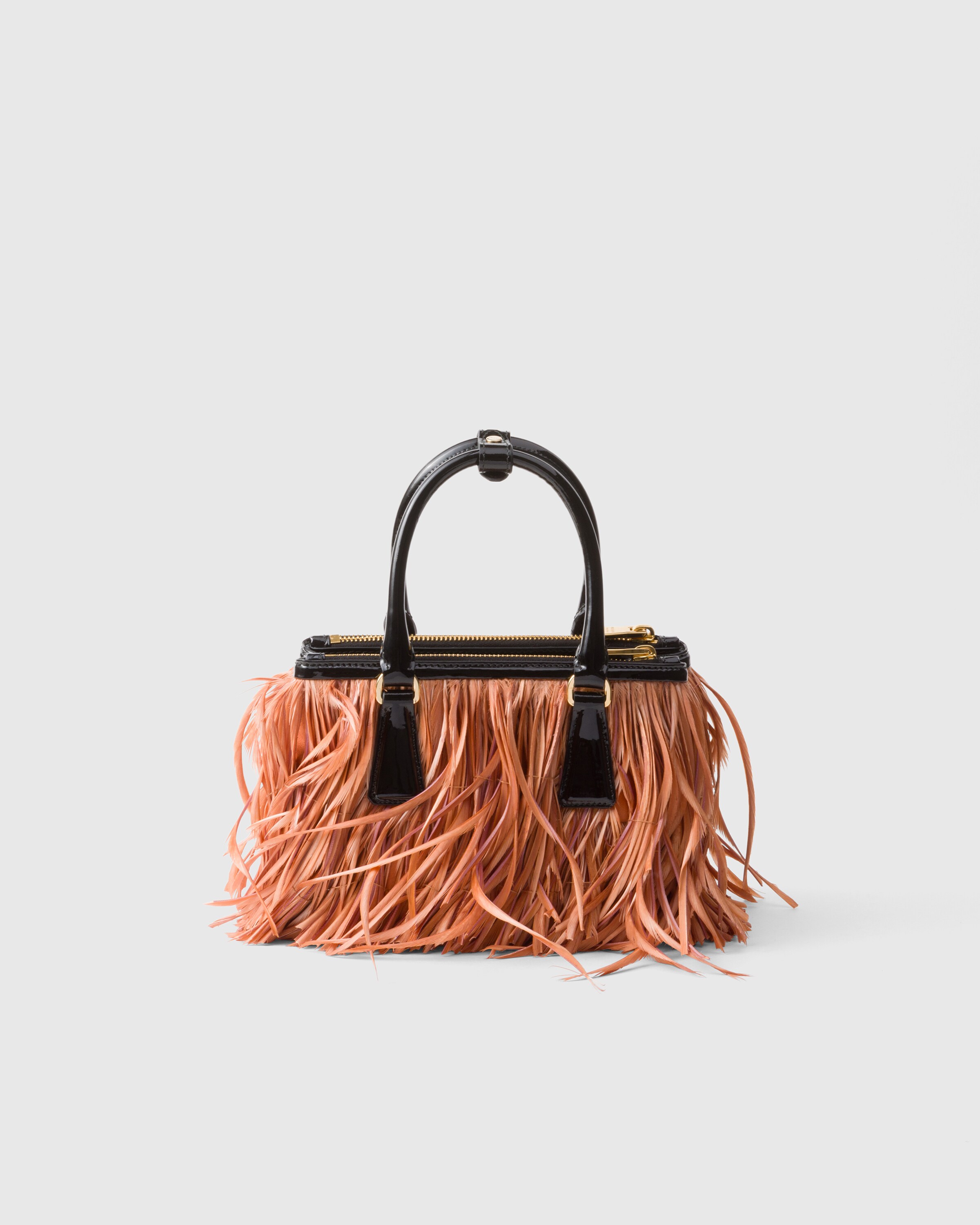 Prada Galleria Mini-bag With Feather Trim In Apricot/black