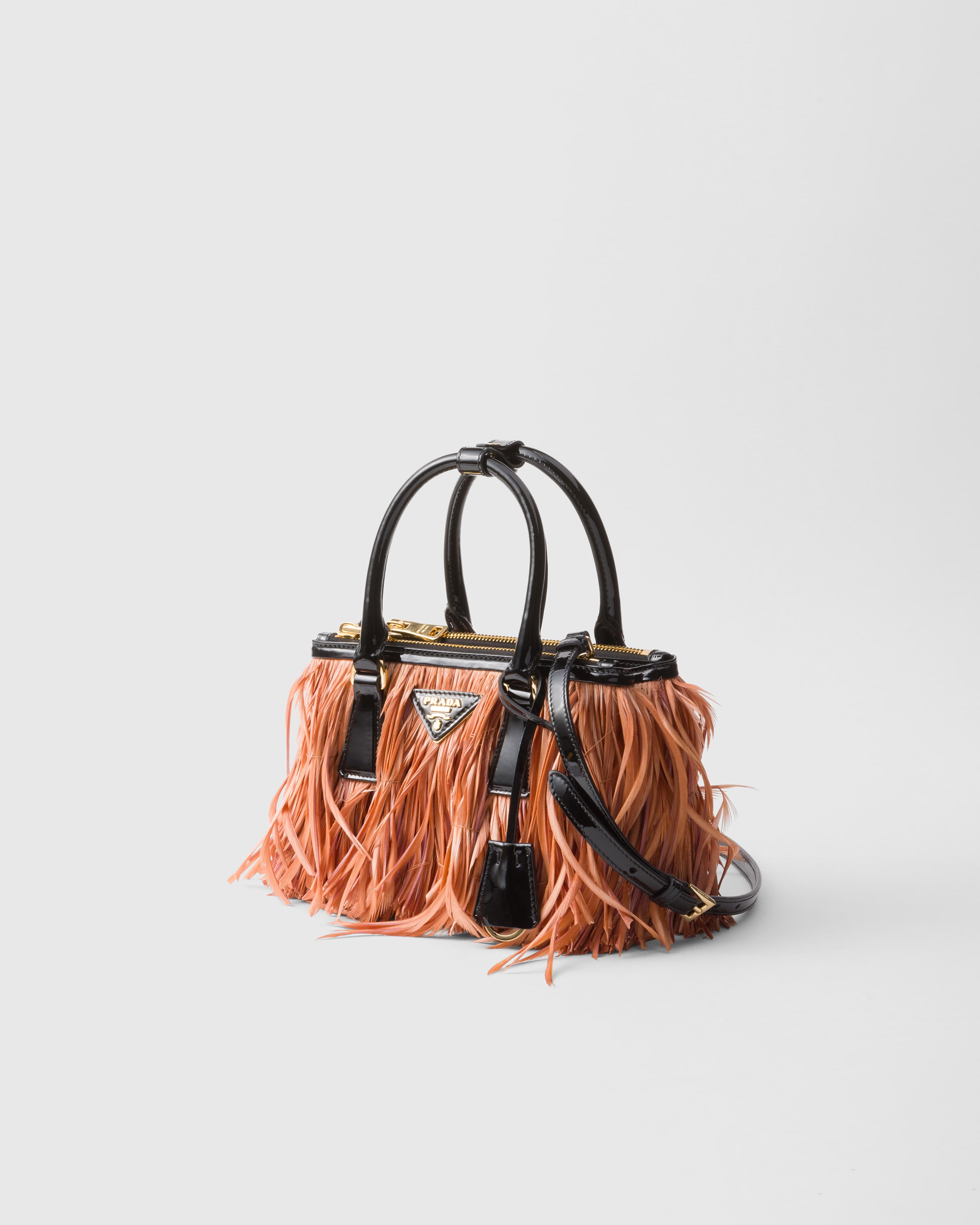 Prada Galleria Mini-bag With Feather Trim In Apricot/black