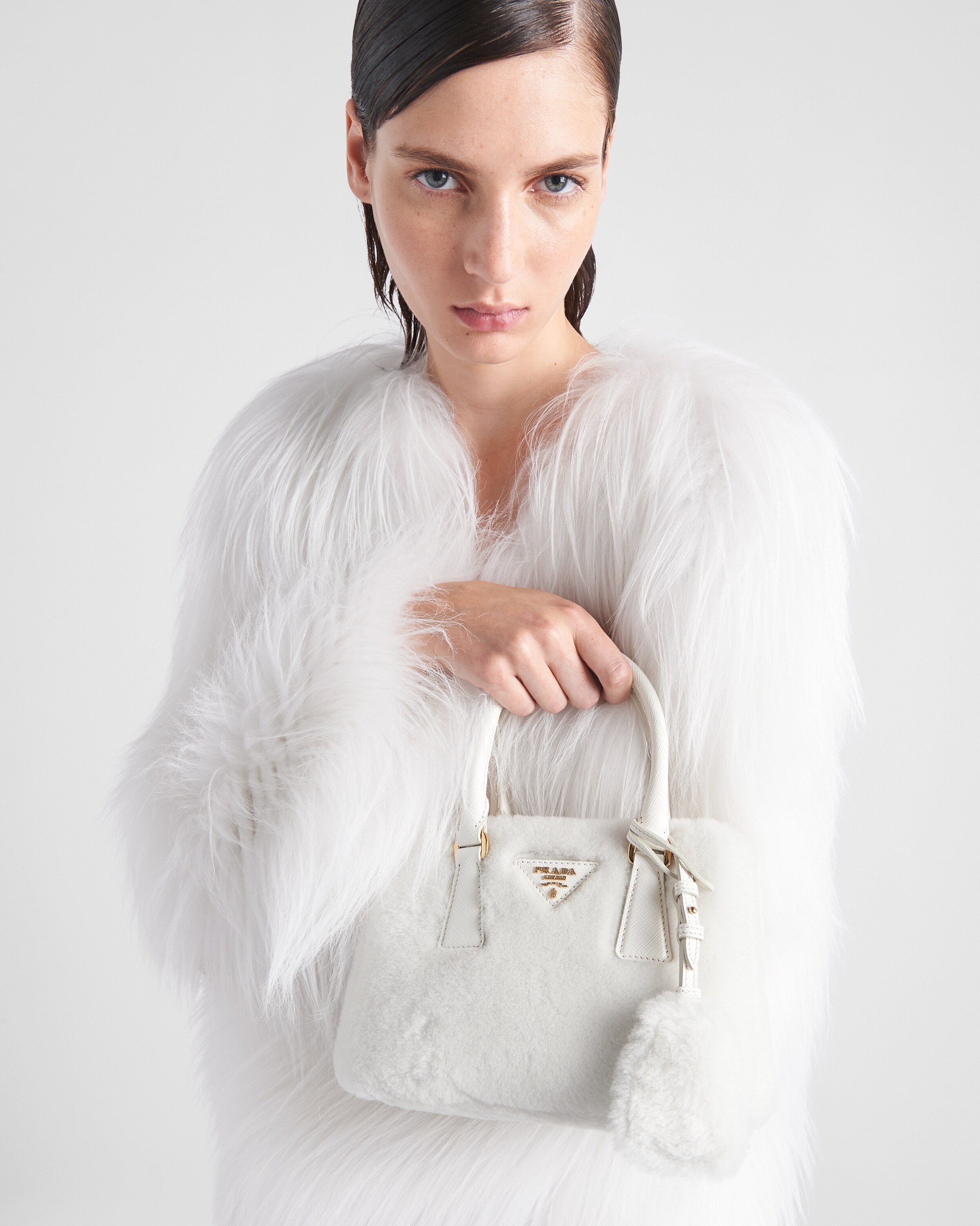 White Prada Galleria Shearling Mini-bag