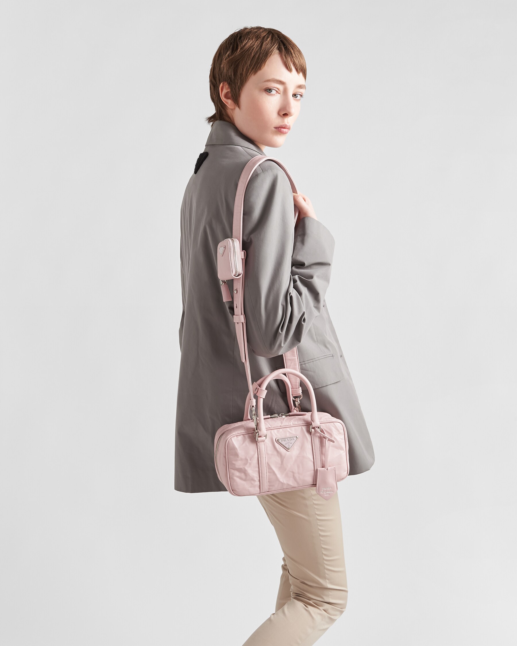 Alabaster Pink Small Antique Nappa Leather Top Handle Bag PRADA