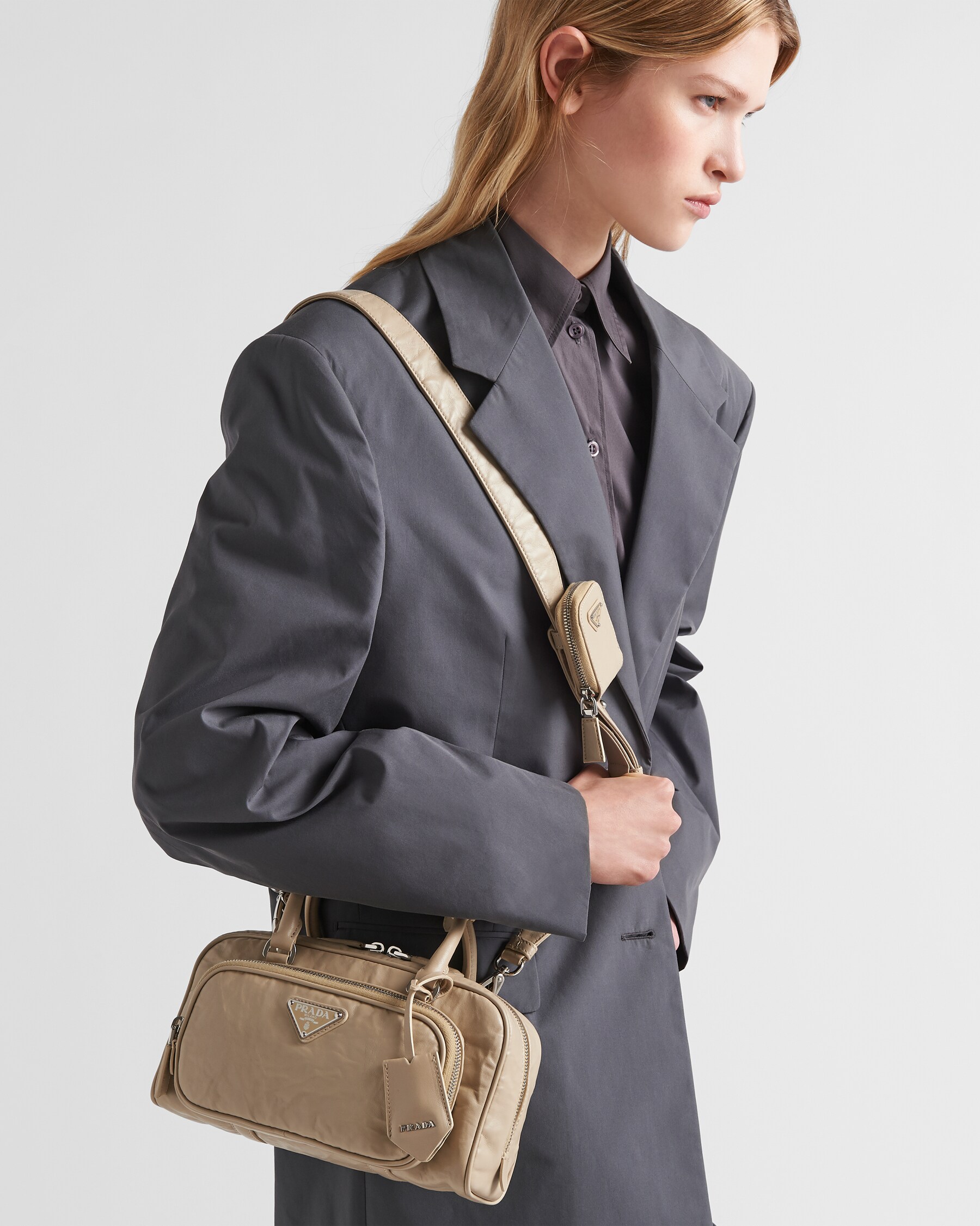 Desert Beige Antique Nappa Leather Multipocket Tophandle Bag PRADA