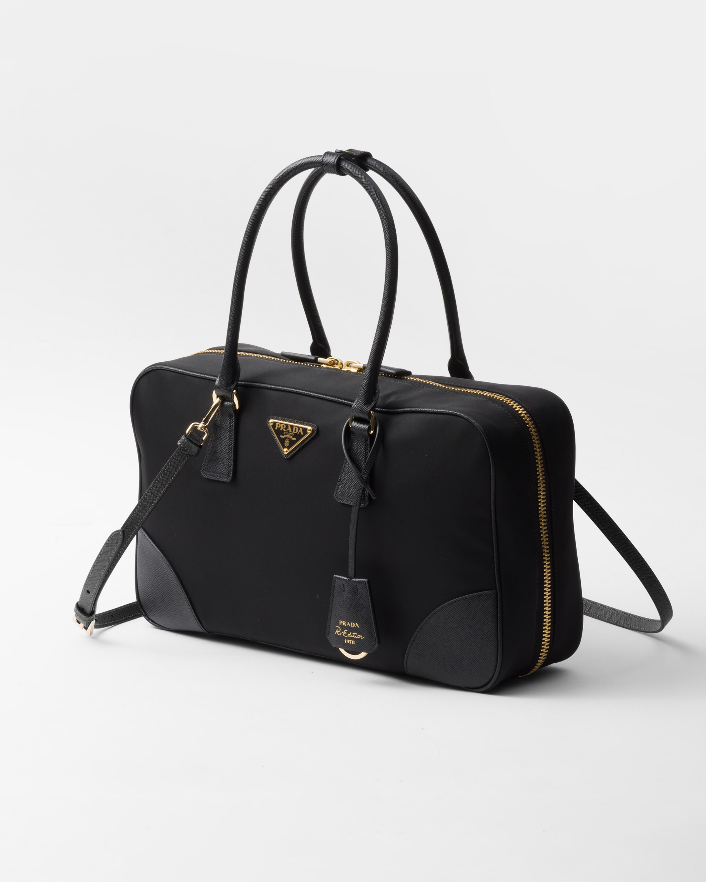 Shop Prada Re-edition 1978 Large Re-nylon And Saffiano Leather Two-handle Bag In Black